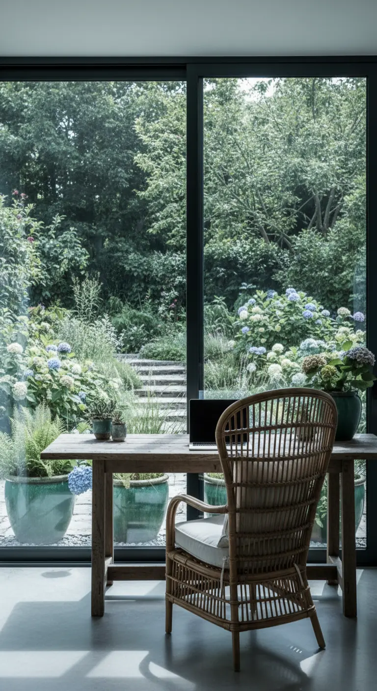 Scrivania in legno e sedia in rattan posizionate di fronte a una grande vetrata che dà su un giardino.