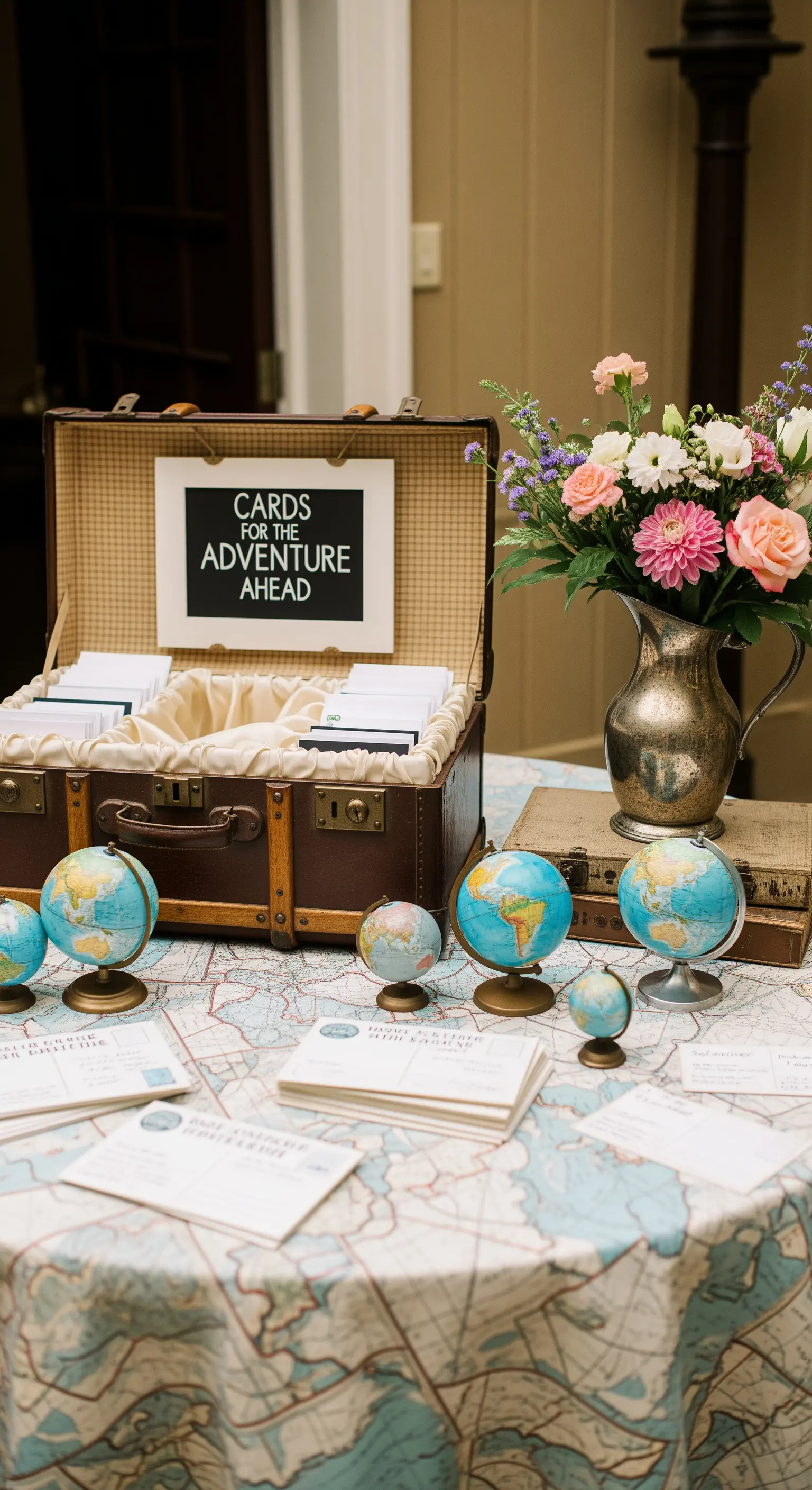 Tavolo per i regali con tovaglia a mappa, valigia aperta per i biglietti e piccoli mappamondi.