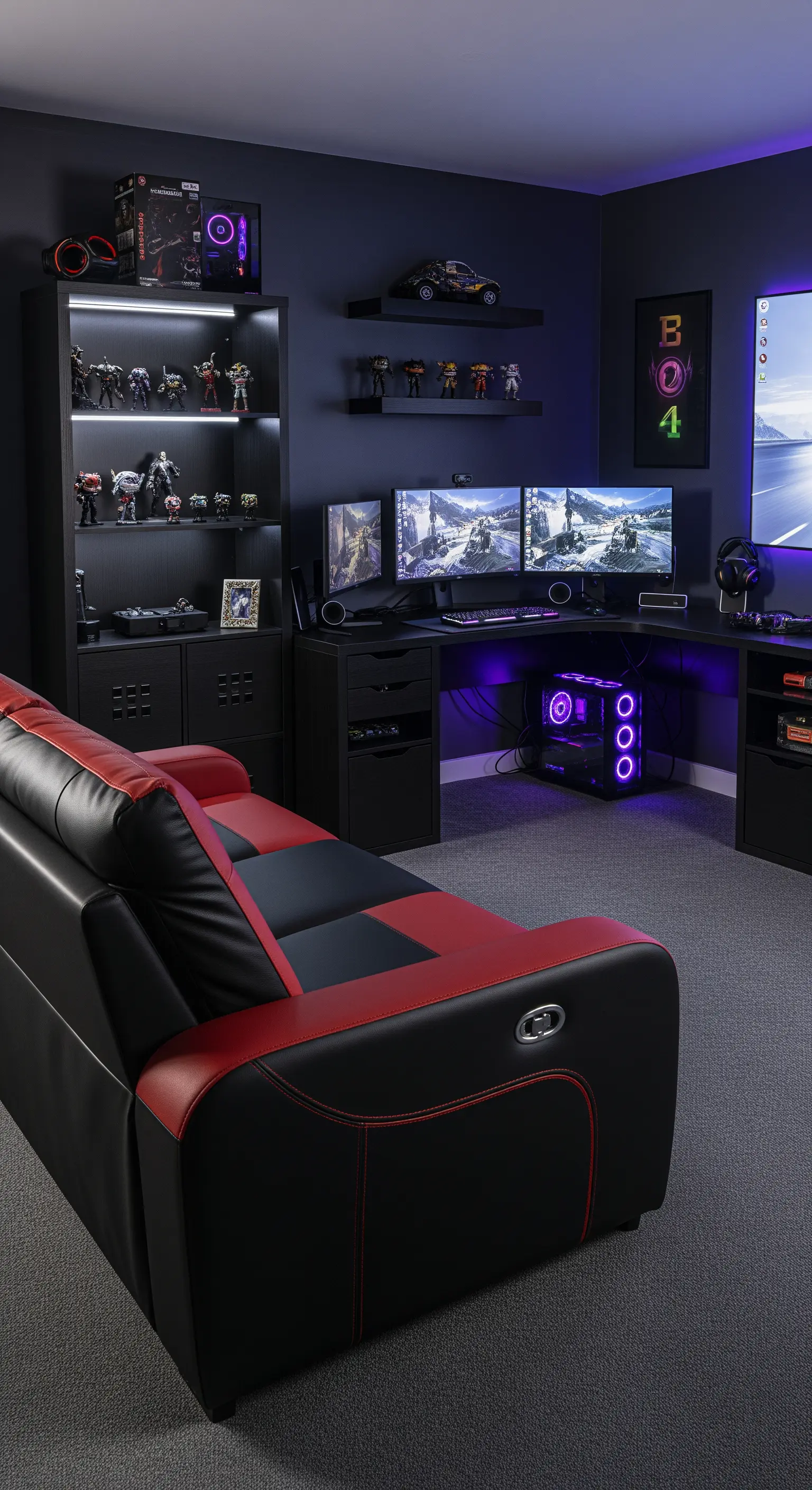 Stanza da gaming con pareti scure, postazione con più monitor e divano reclinabile.
