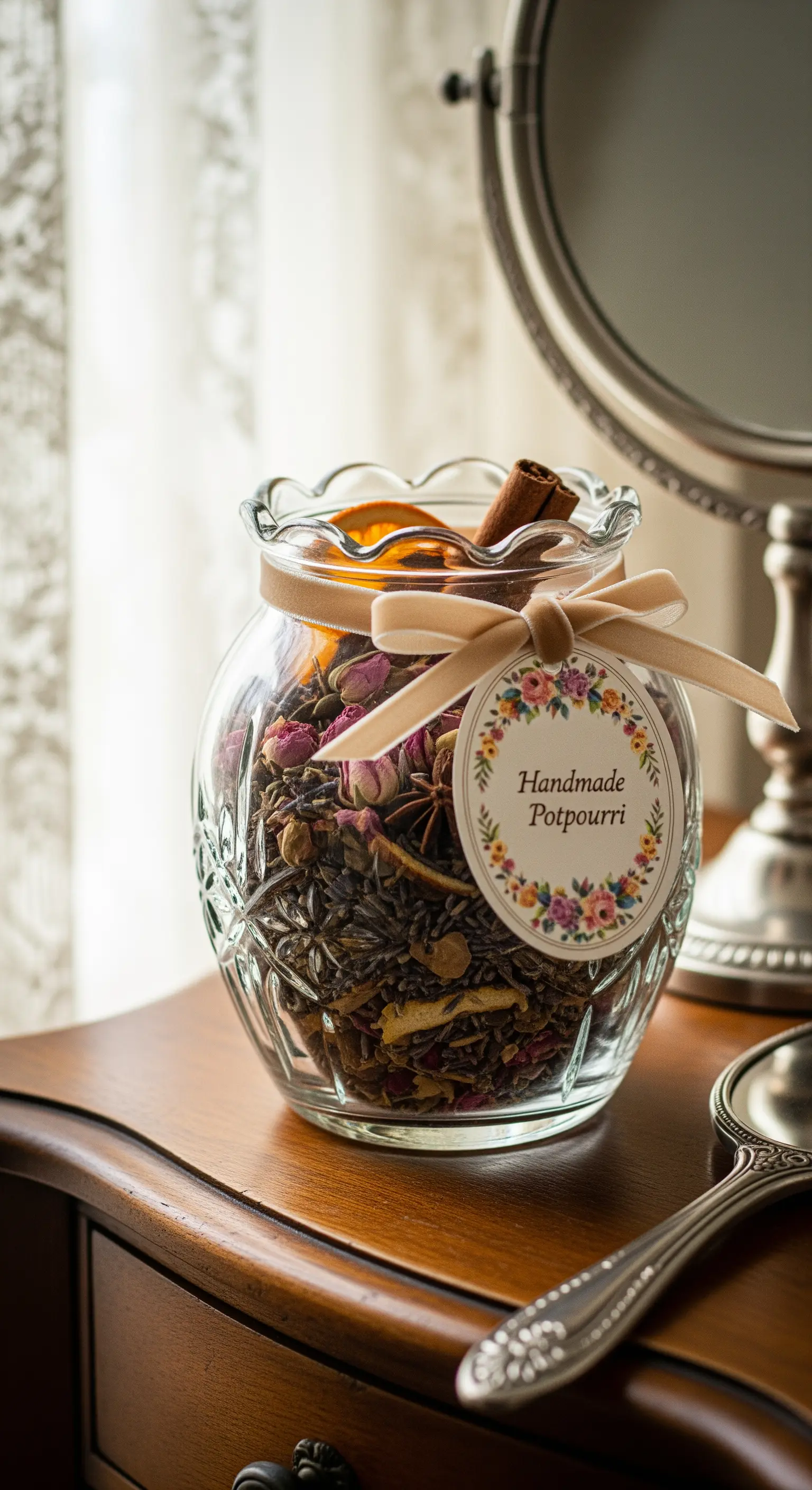 Potpourri artigianale in un barattolo di vetro decorato su un comò di legno.