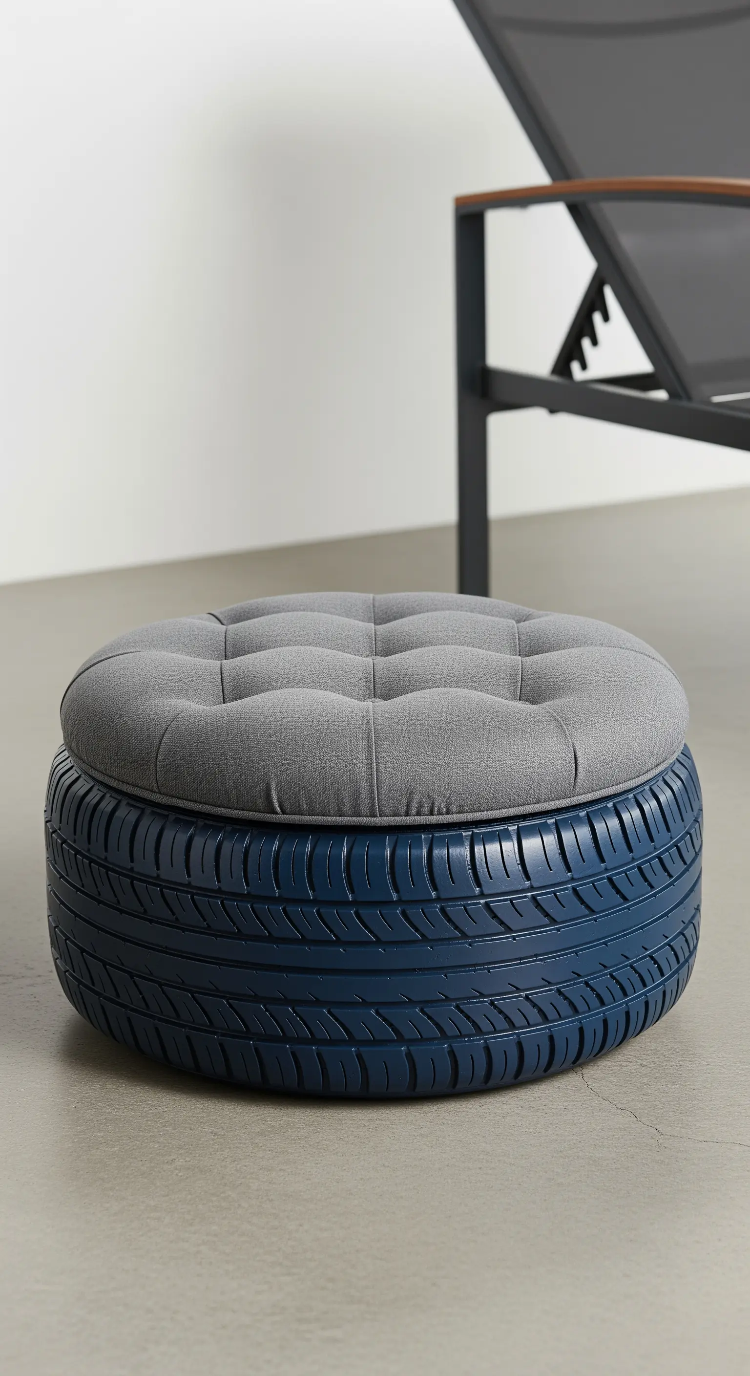 Pouf con base in pneumatico blu scuro e cuscino rotondo grigio con lavorazione capitonné.