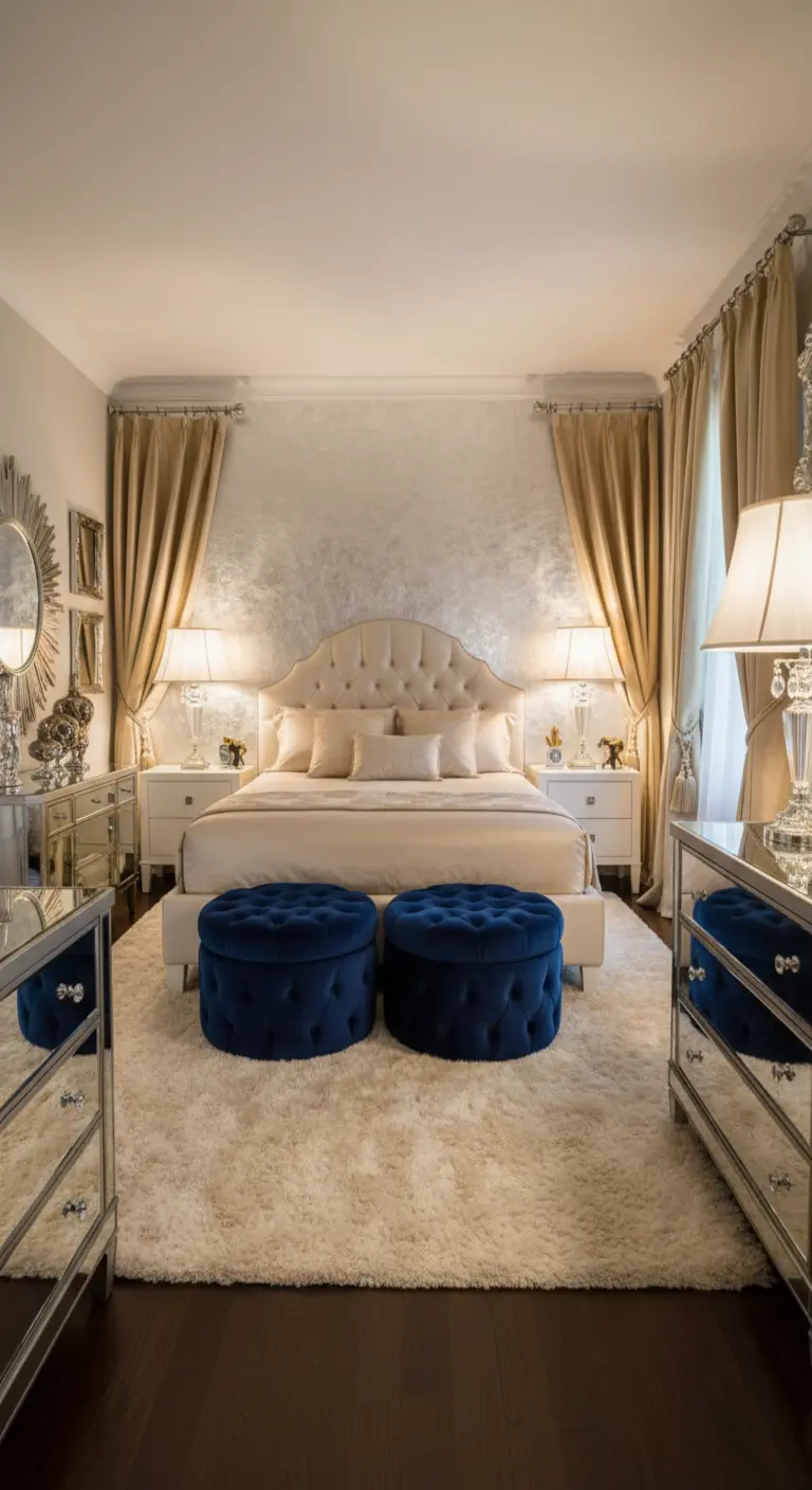 Due pouf rotondi trapuntati in velluto blu ai piedi di un letto color crema.