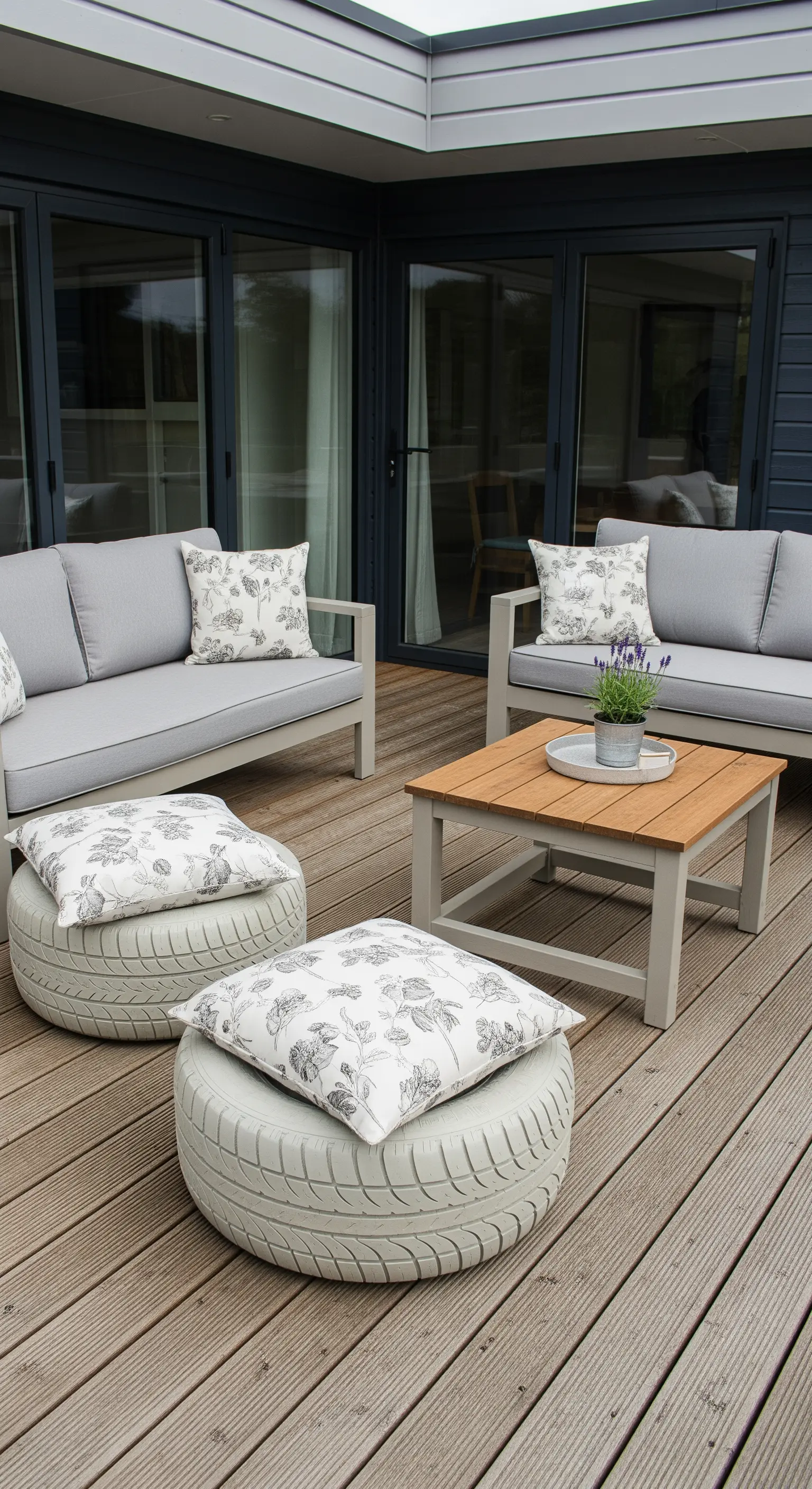 Patio in legno con divani grigi e pouf realizzati con pneumatici grigio chiaro e cuscini coordinati.