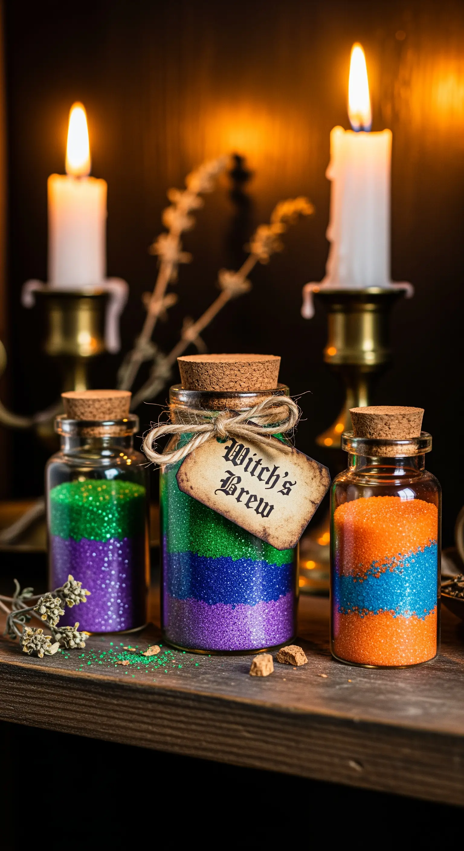 Boccette di vetro con sabbia colorata e glitter, etichettate 