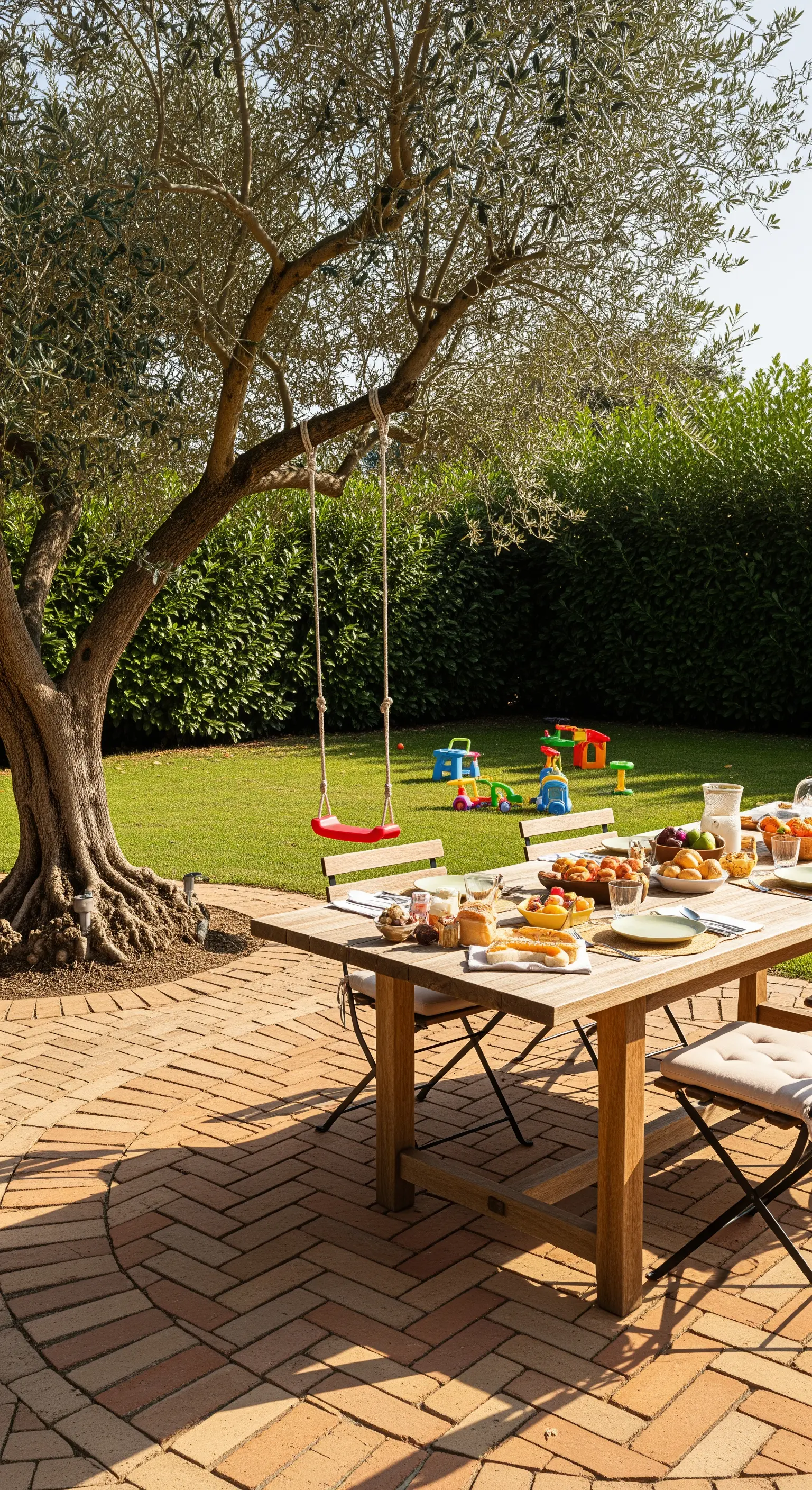 Tavolo da pranzo su un patio circolare in cotto sotto un ulivo con un'altalena.