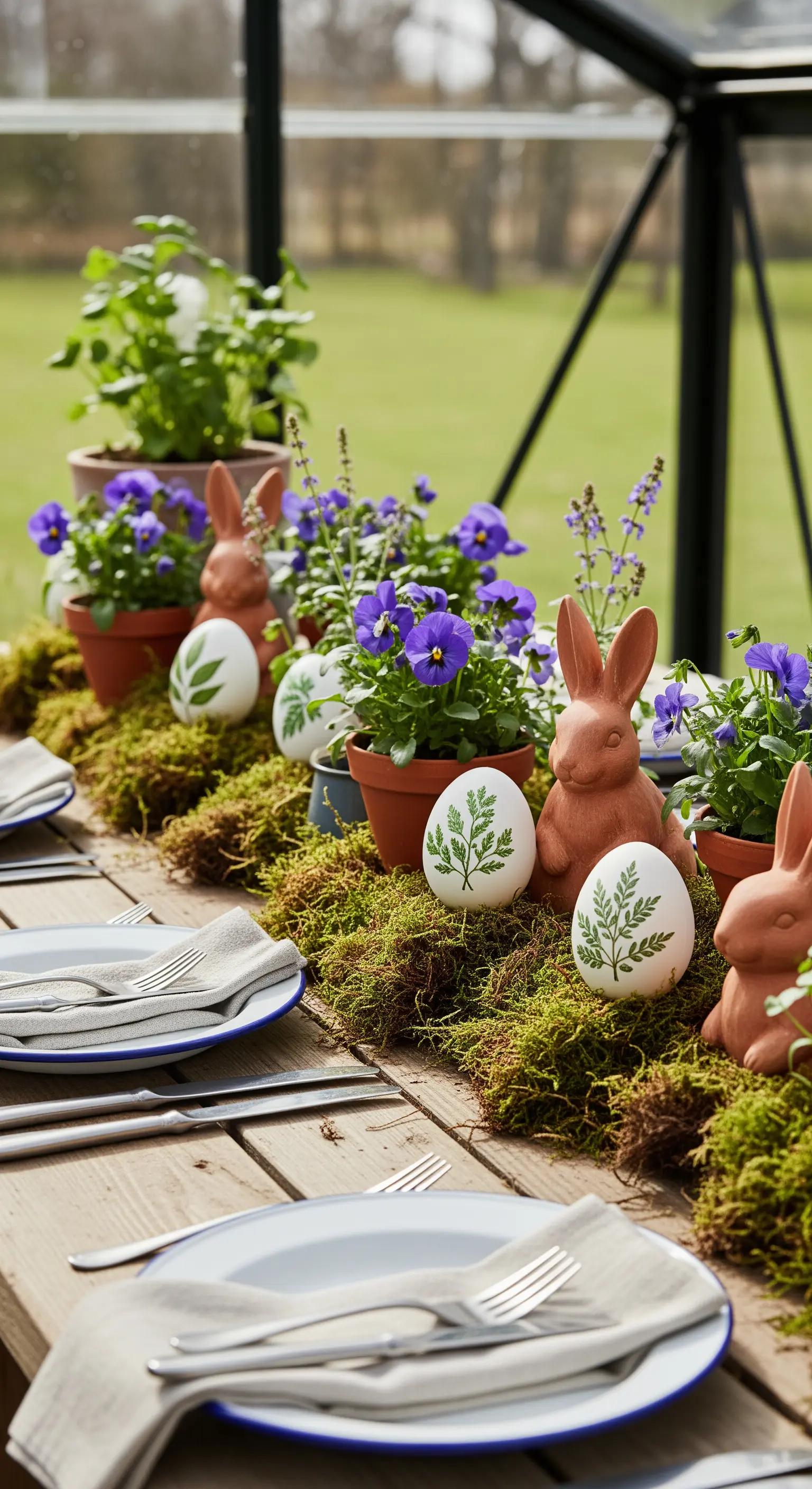 Tavola pasquale in una serra con runner di muschio, vasetti di terracotta con viole e coniglietti