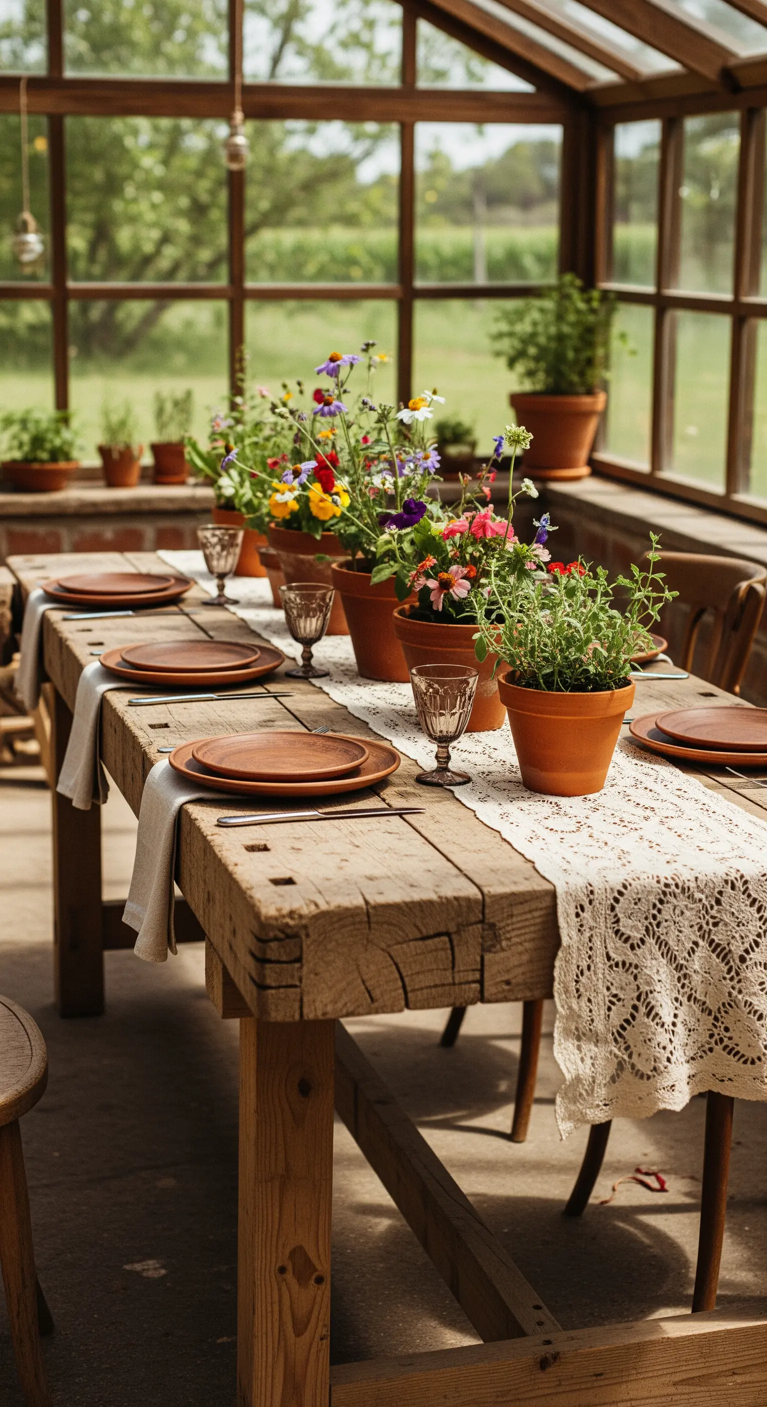 Lungo tavolo in legno in una serra, decorato con vasi di terracotta e un runner di pizzo