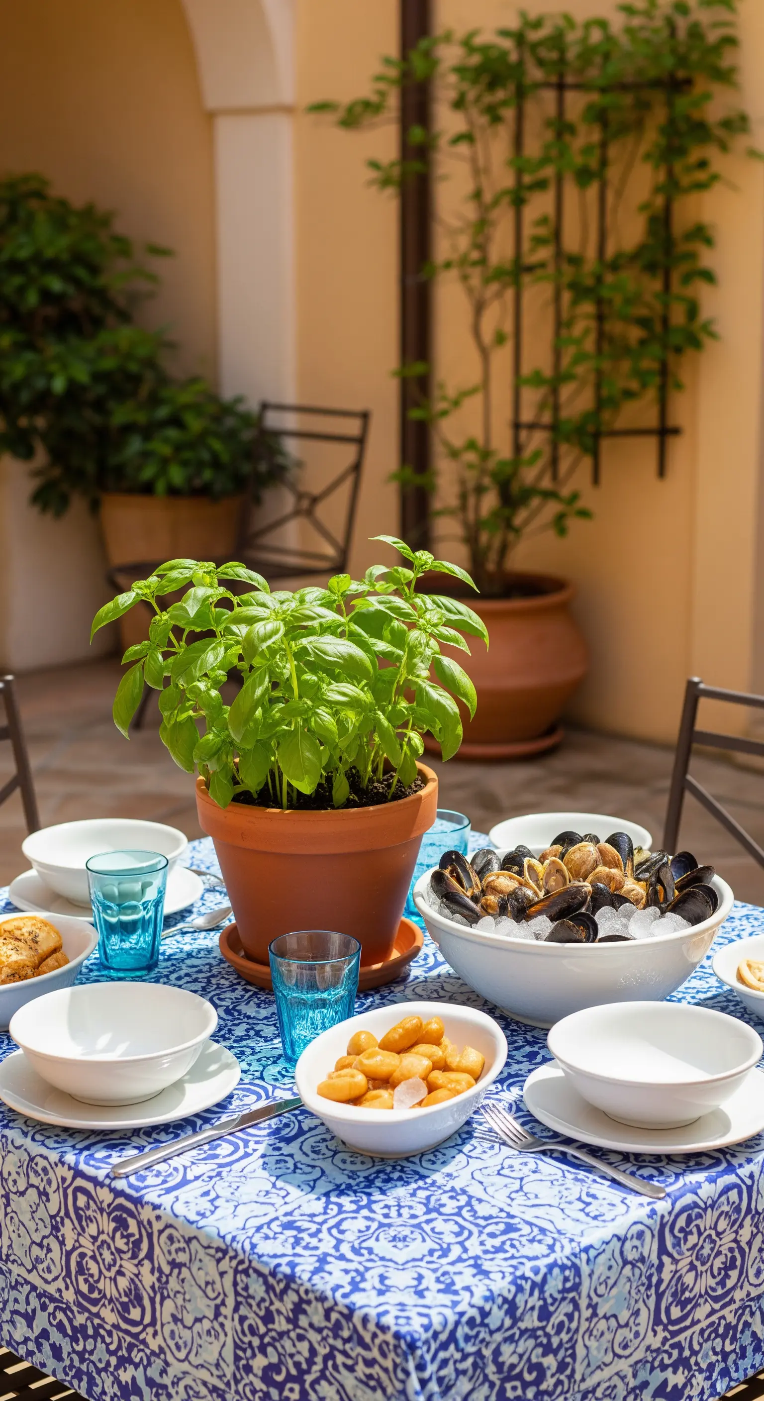 Tavola con tovaglia a motivi maiolica, basilico fresco e bicchieri turchesi.