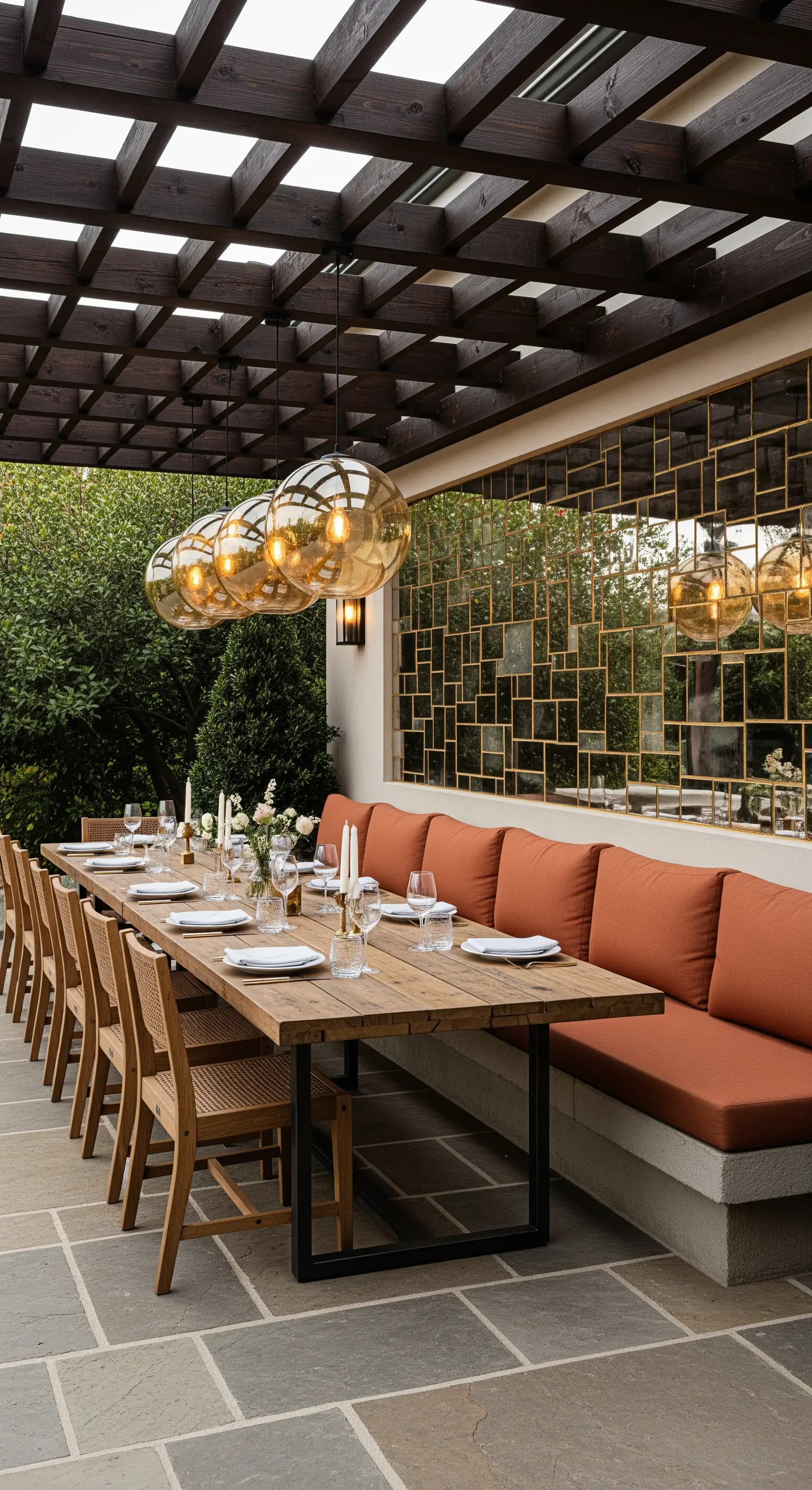 Tavolo da pranzo in legno sotto un pergolato con grandi lampade a sospensione sferiche.