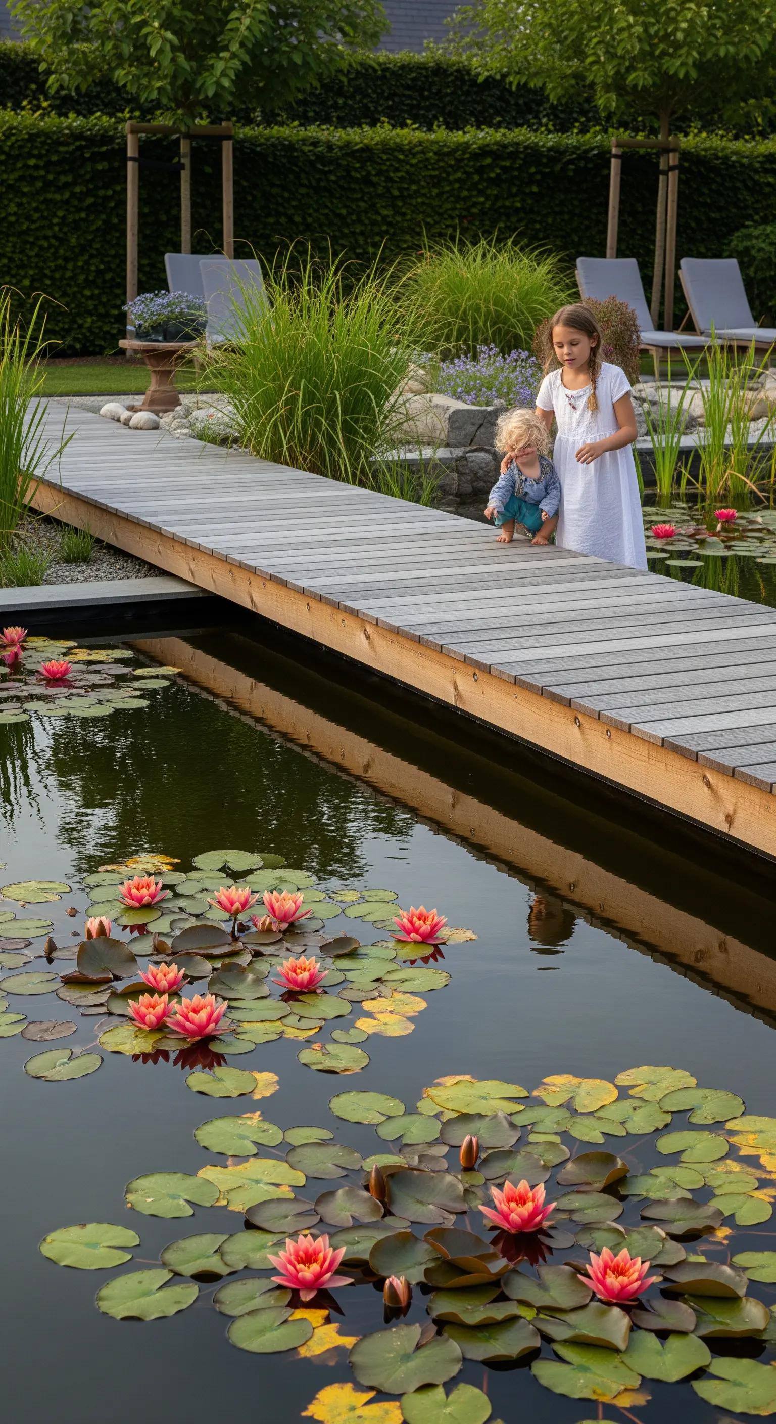 Lunga passerella in legno composito grigio sopra un laghetto con ninfee rosa