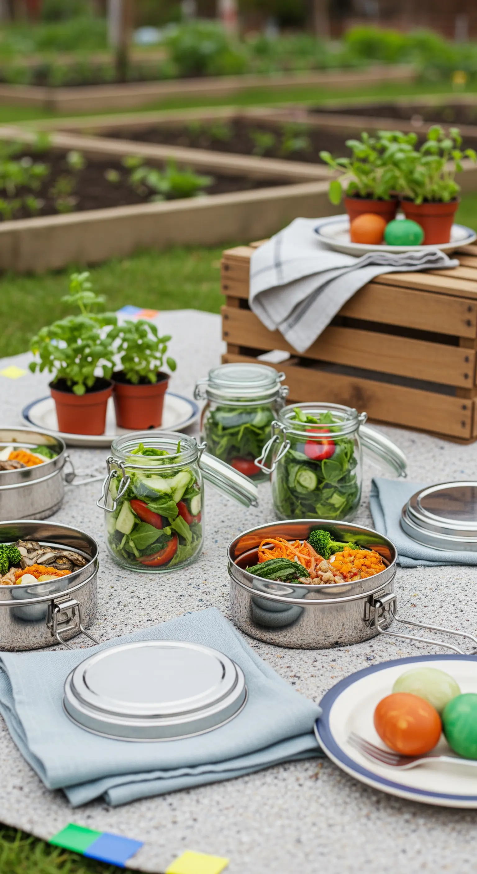Picnic salutare e sostenibile con insalate in barattoli di vetro e contenitori in acciaio.