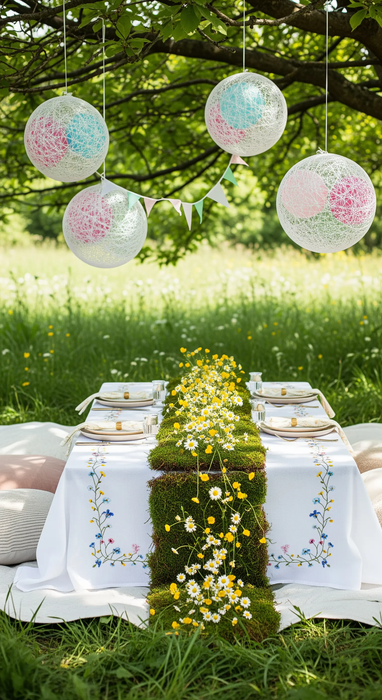 Tavola da picnic con runner di muschio e margherite e lanterne di filo.