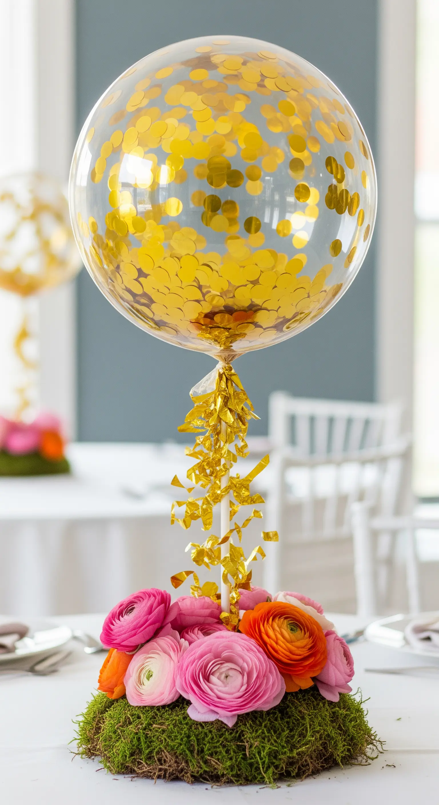 Centrotavola con base di muschio, ranuncoli colorati e palloncino con coriandoli dorati.