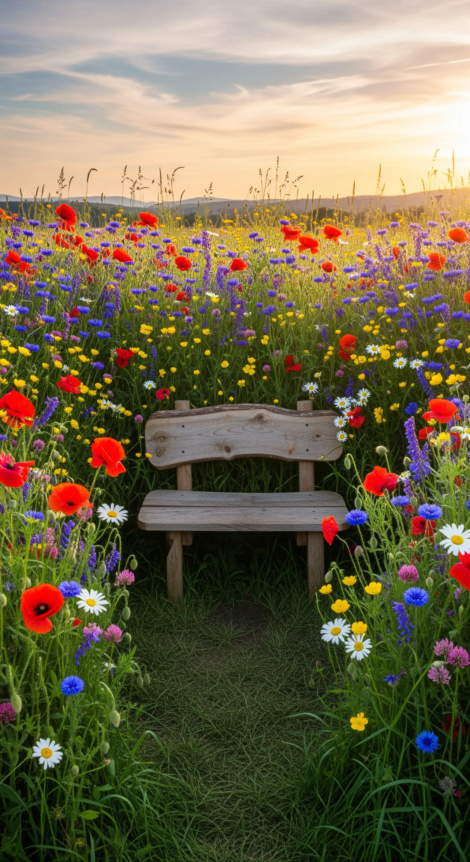 Panchina rustica in legno al centro di un campo di fiori selvatici colorati al tramonto.