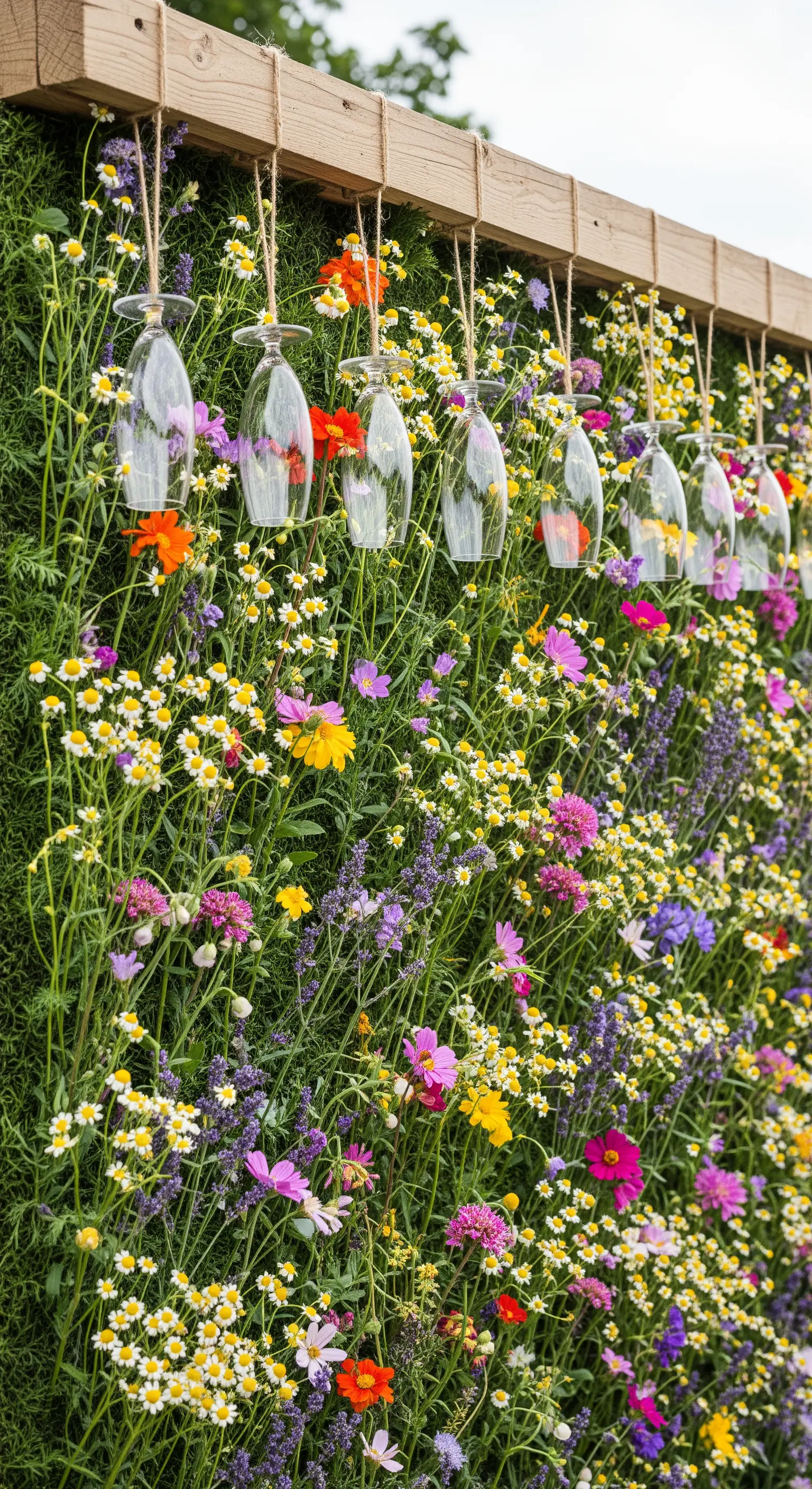 Parete interamente ricoperta di fiori di campo colorati, con calici sospesi con spago.