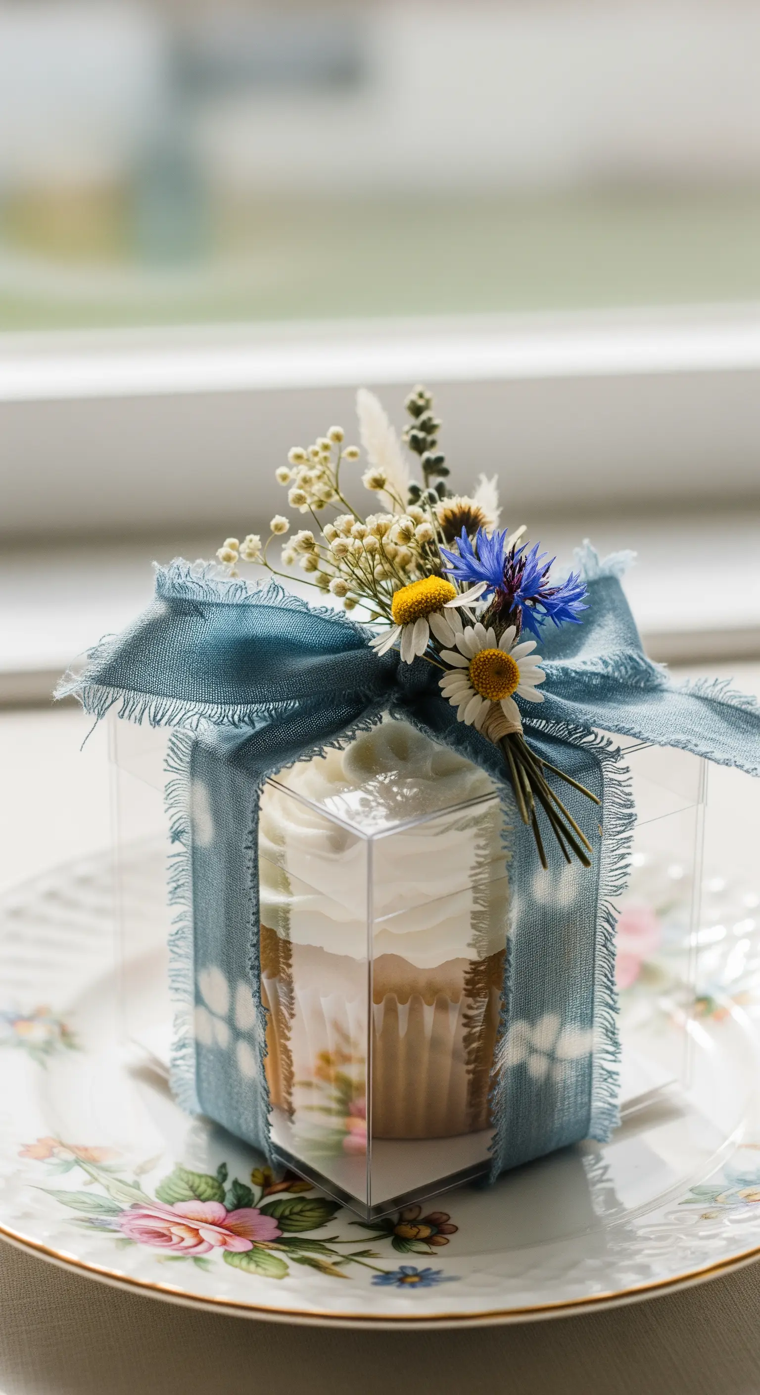 Cupcake confezionato con nastro blu sfrangiato e un piccolo bouquet di fiori di campo.
