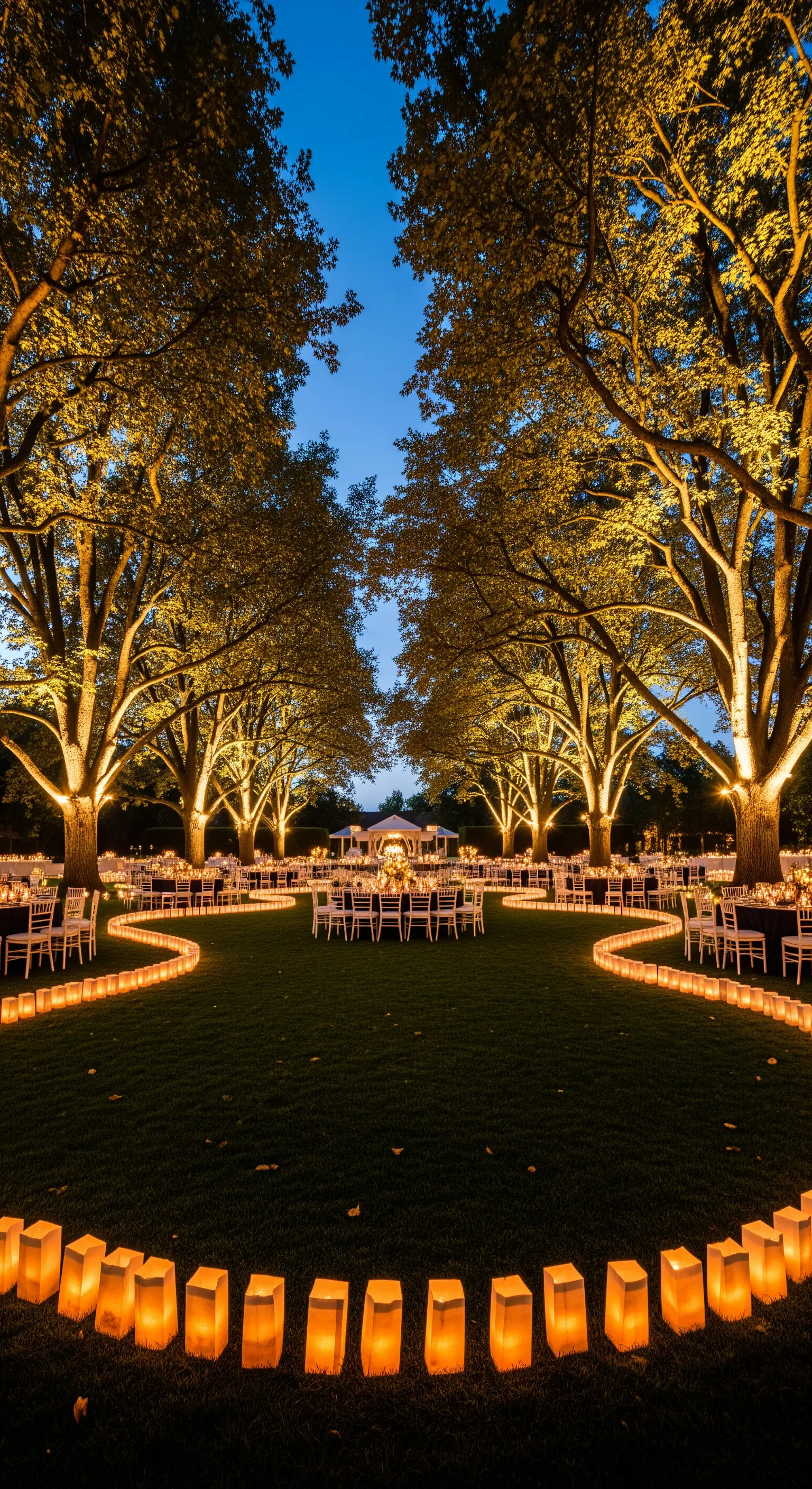 Grande prato allestito per un evento, con percorsi curvi definiti da sacchetti di carta luminosi.