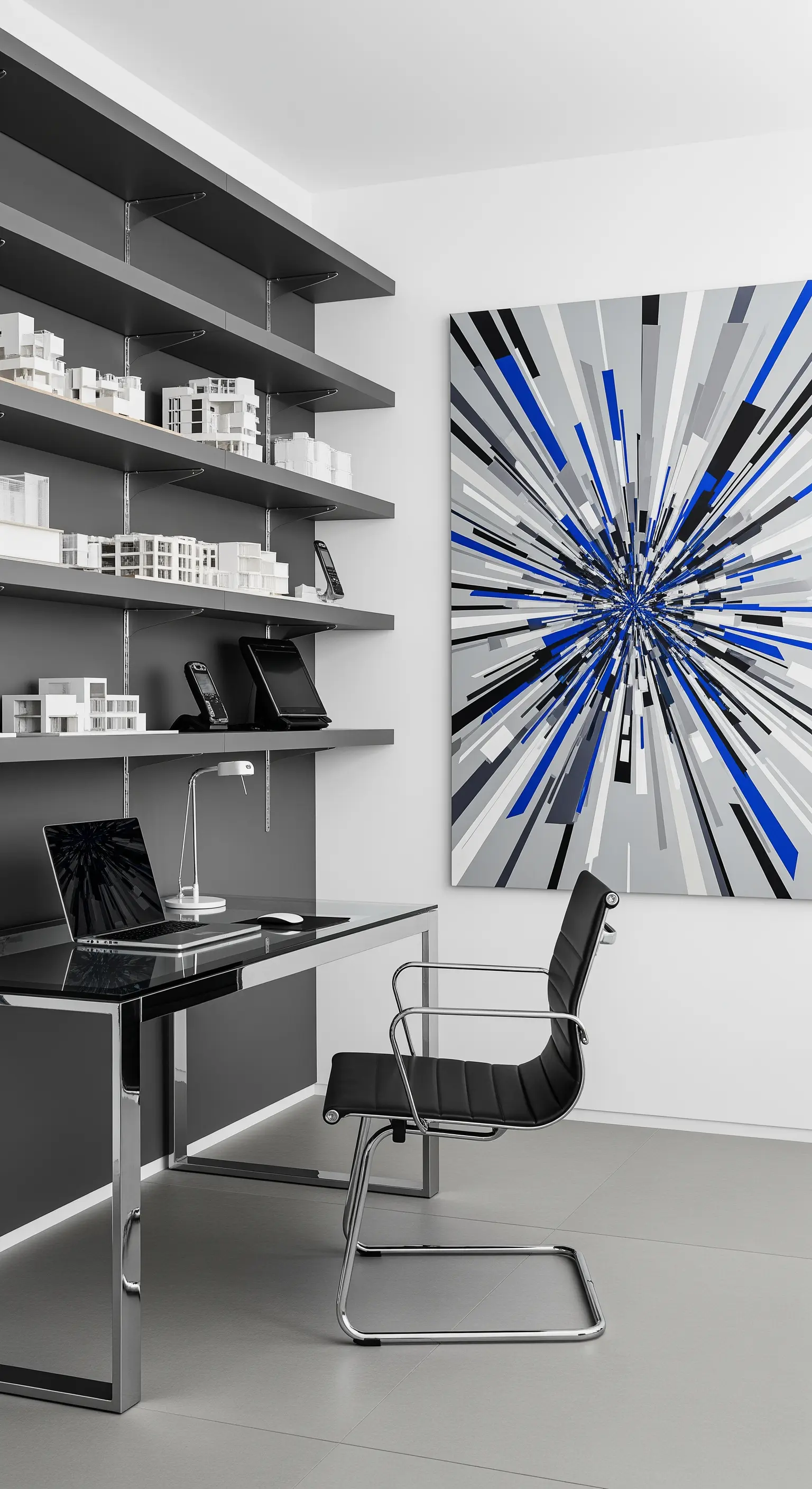 Ufficio moderno con scaffalatura grigia, scrivania in vetro e cromo e quadro astratto geometrico.