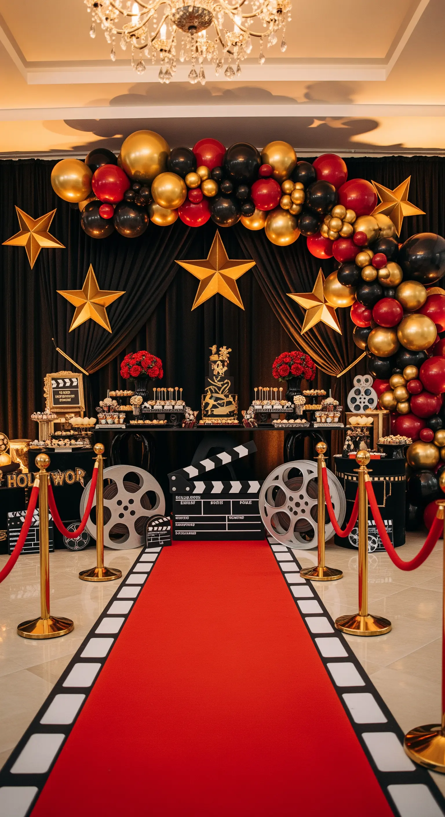 Festa a tema Hollywood con red carpet, transenne e palloncini oro, rossi e neri.