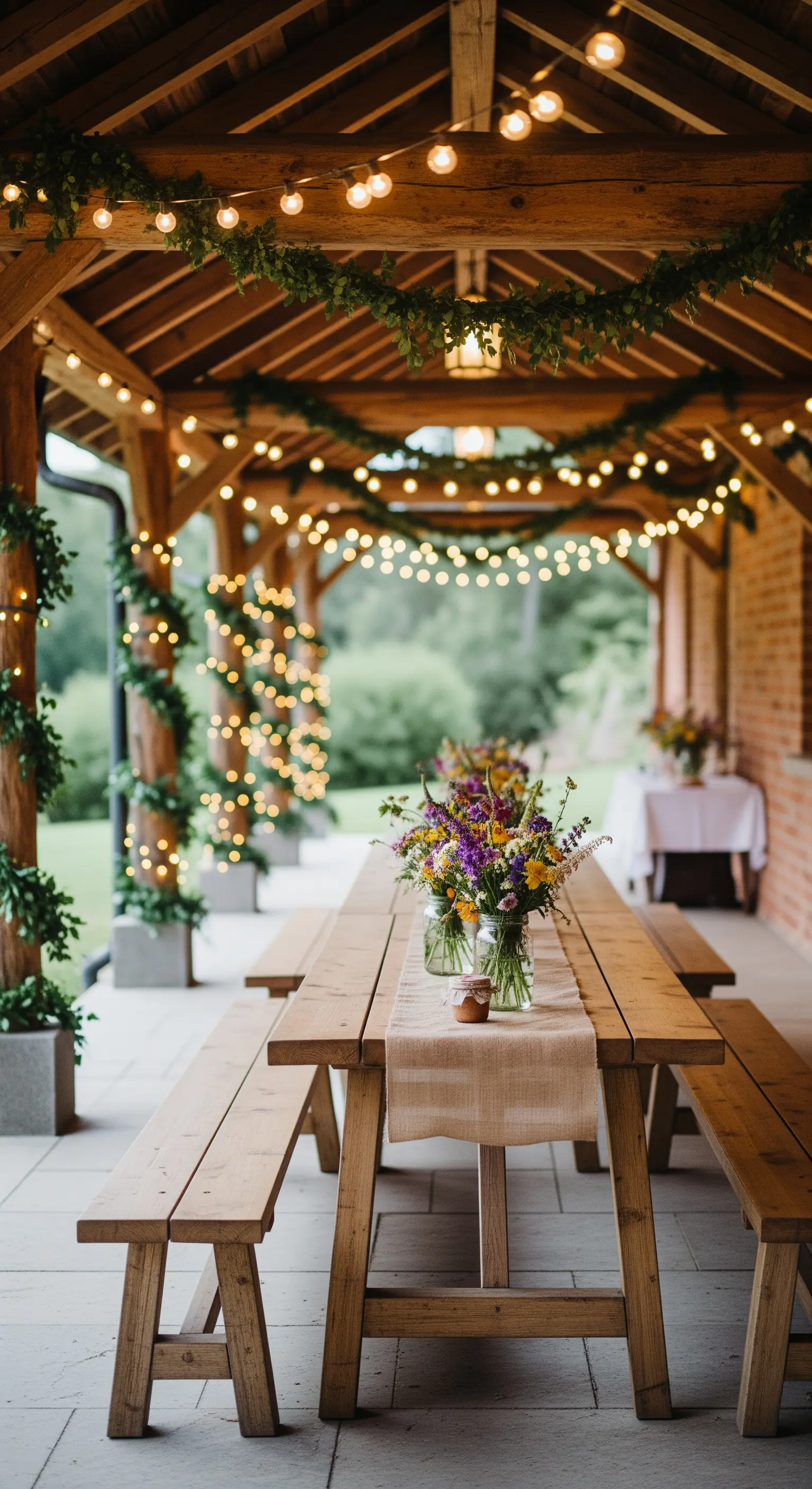Portico in legno allestito per una cena con tavolo da picnic, luci a filo e ghirlande verdi.