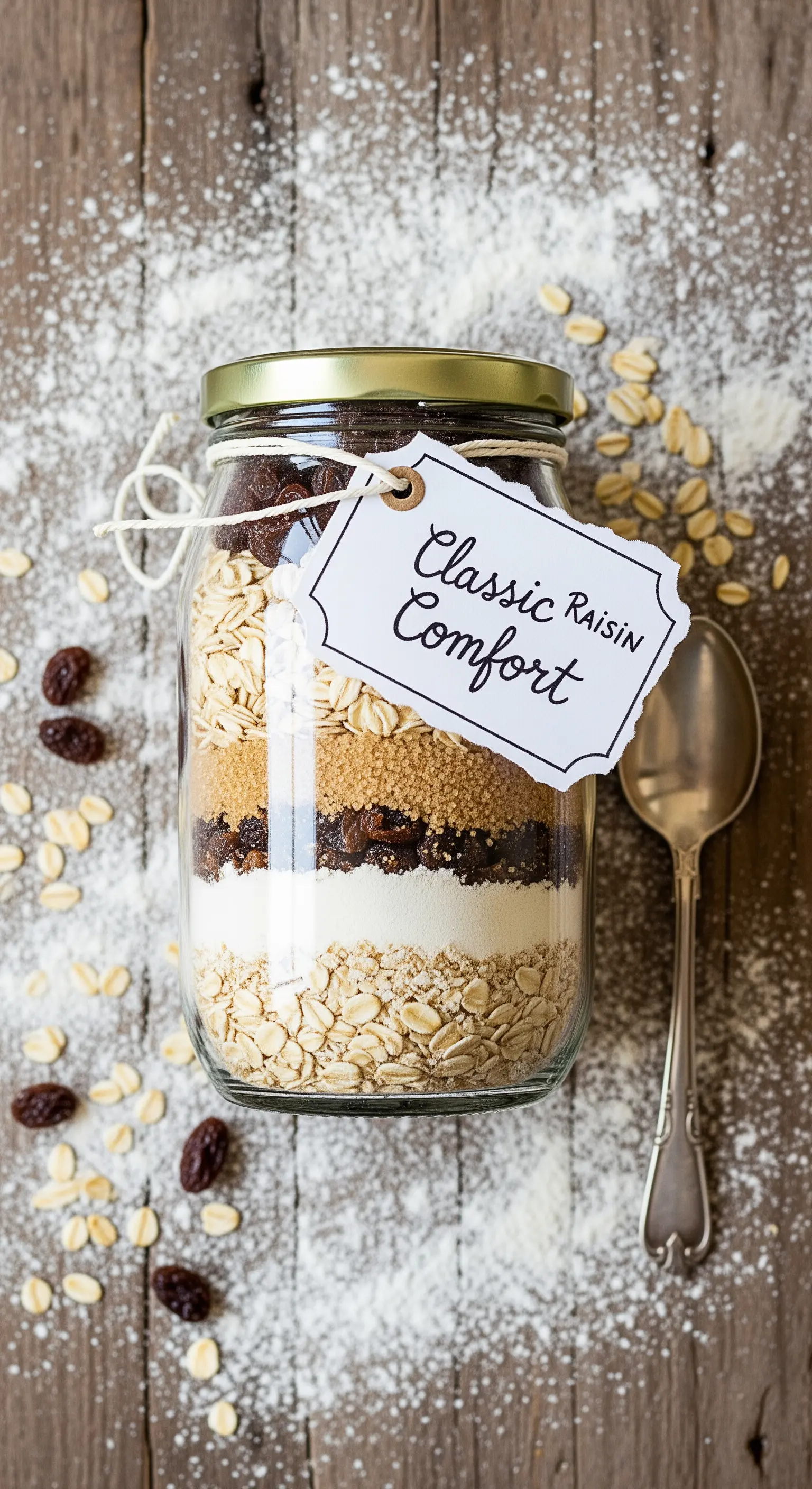 Preparato per biscotti con avena e uvetta in un barattolo su un tavolo infarinato.