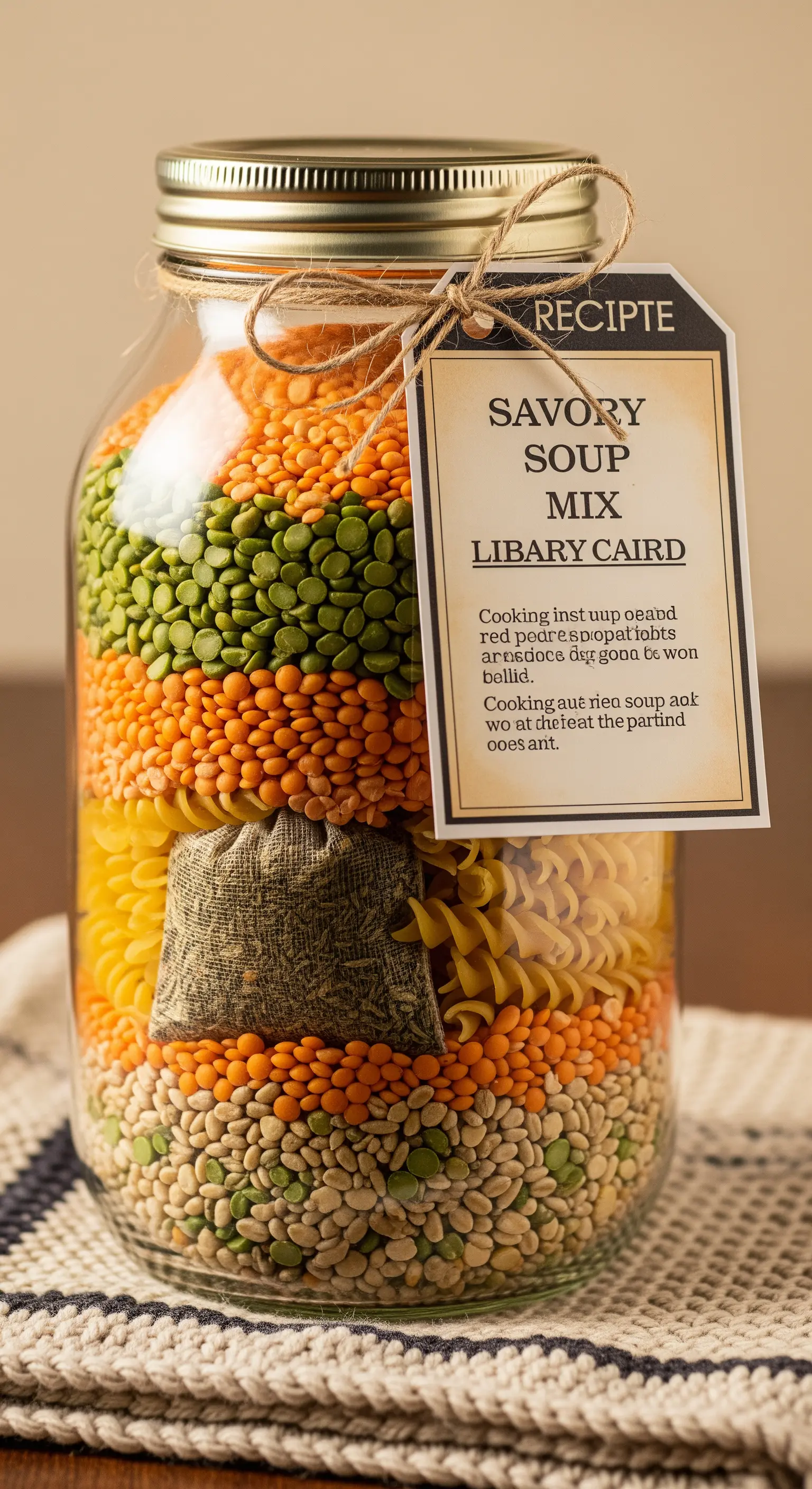 Barattolo con strati di legumi, pasta e un sacchetto di spezie per un mix di zuppa.