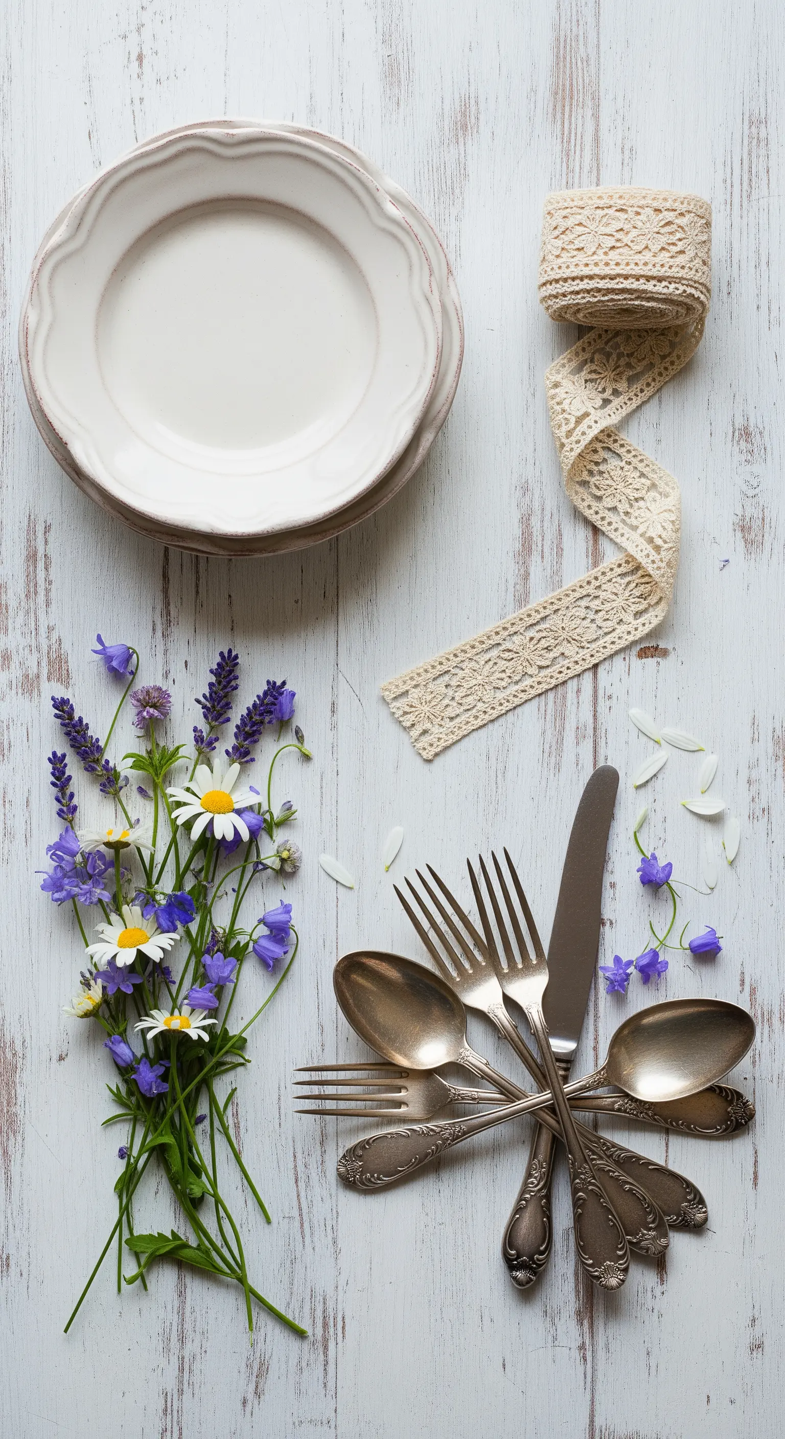 Composizione flat lay con piatti, posate d'argento, pizzo e fiori su fondo di legno bianco