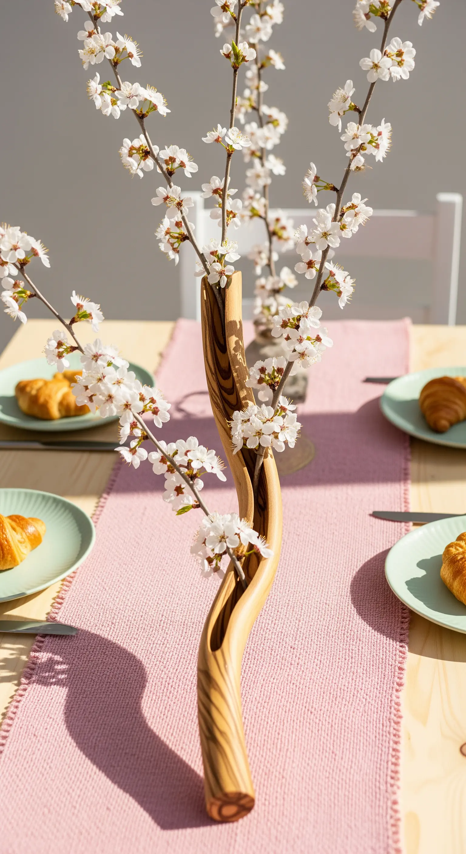 Centrotavola con rami di ciliegio in fiore in un vaso di legno sinuoso.