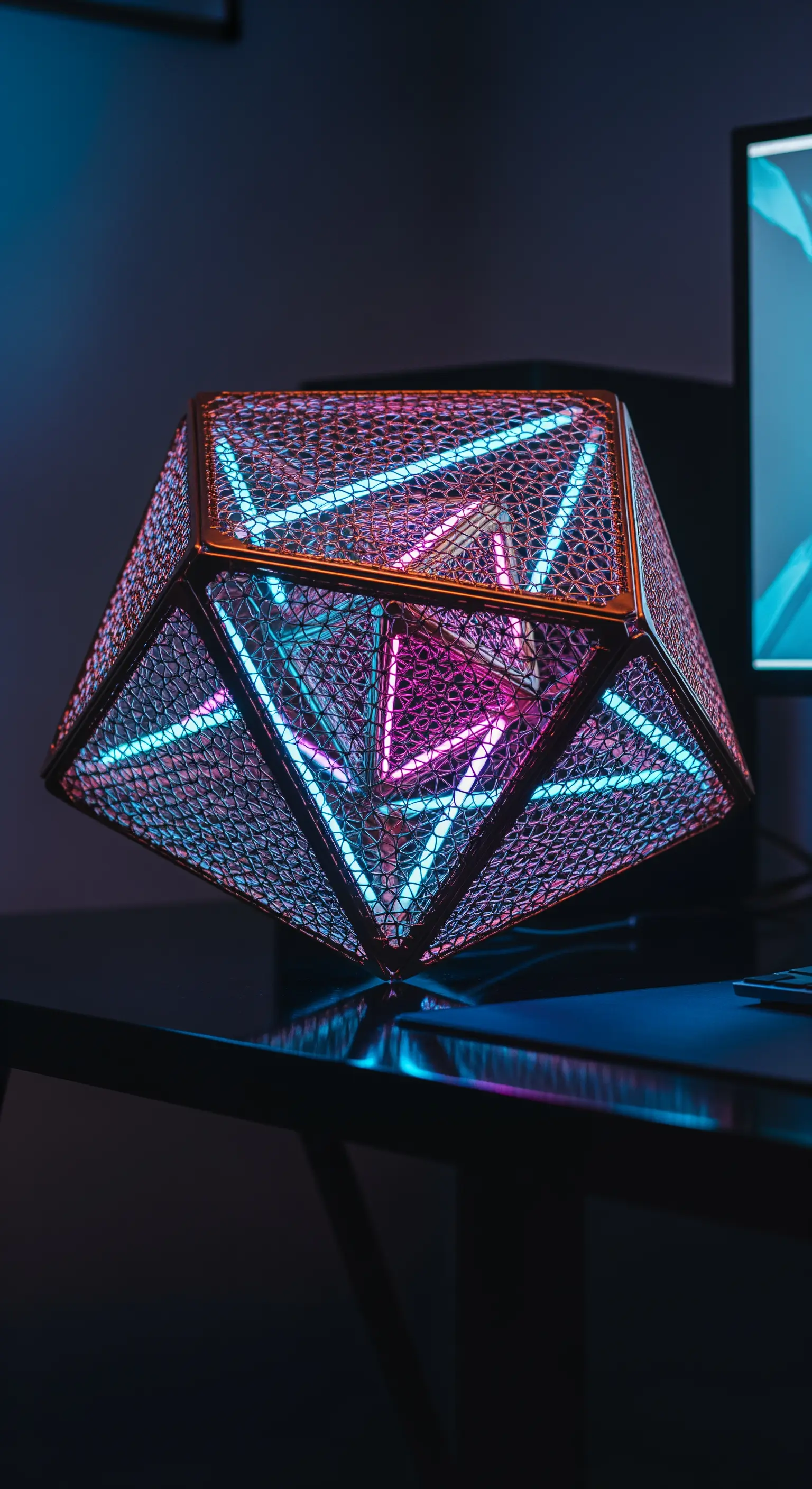 Lampada geometrica complessa con rete di rame e luci al neon blu e rosa all'interno.