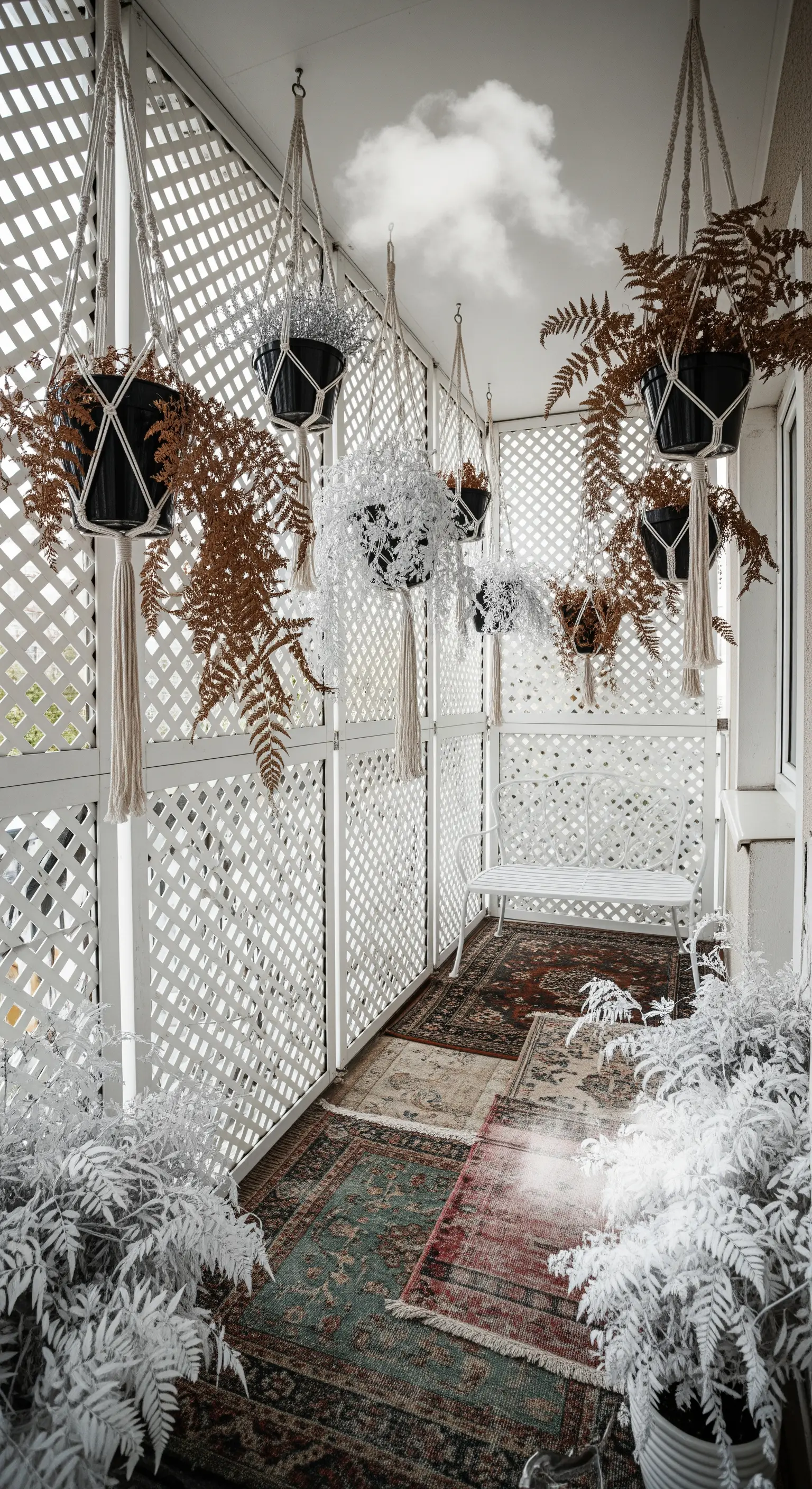 Balcone stretto con pareti a graticcio bianche, vasi sospesi in macramè e tappeti persiani.