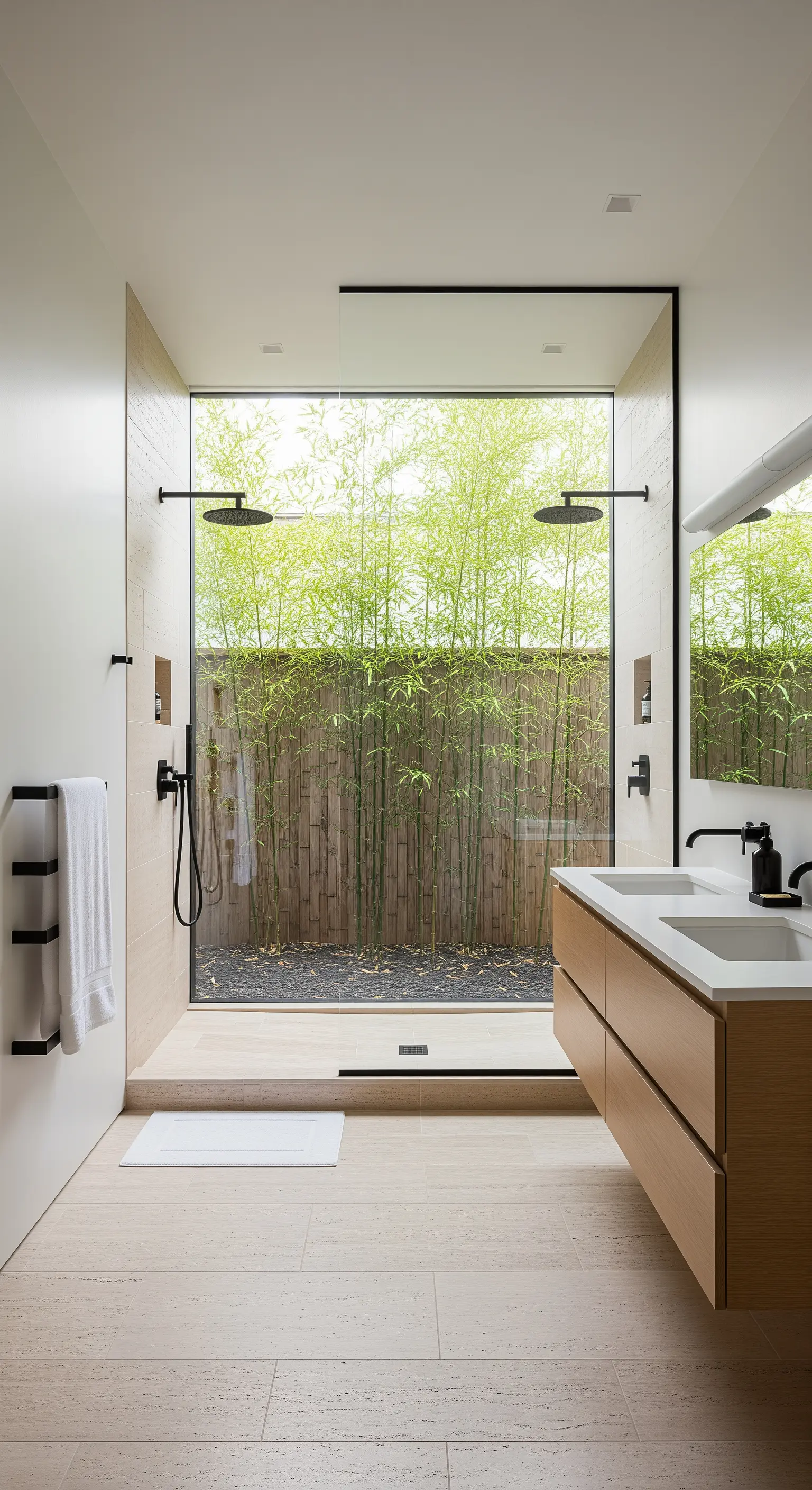 Doccia moderna con finestra a tutta altezza schermata da una fitta siepe di bambù.