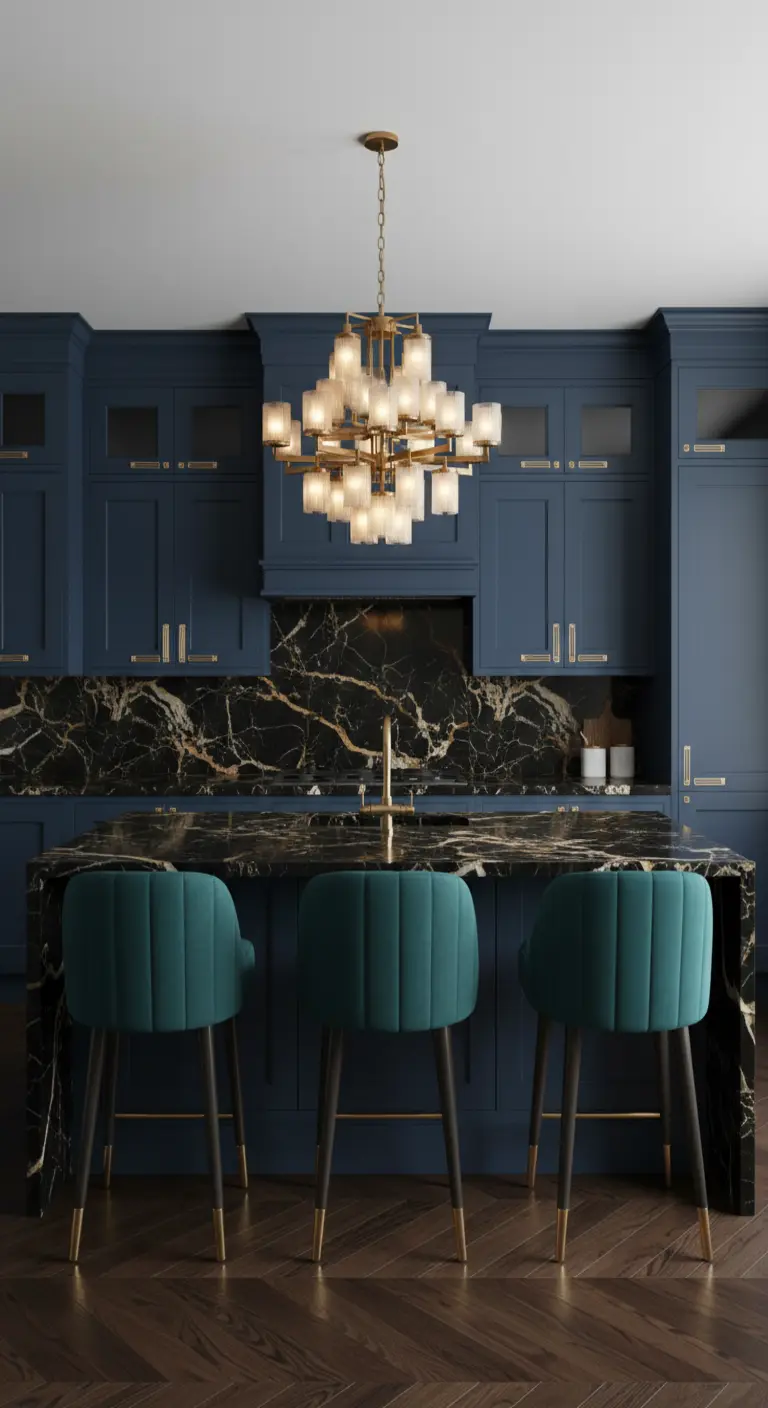Cucina blu navy con isola in marmo nero, sgabelli in velluto petrolio e lampadario articolato.