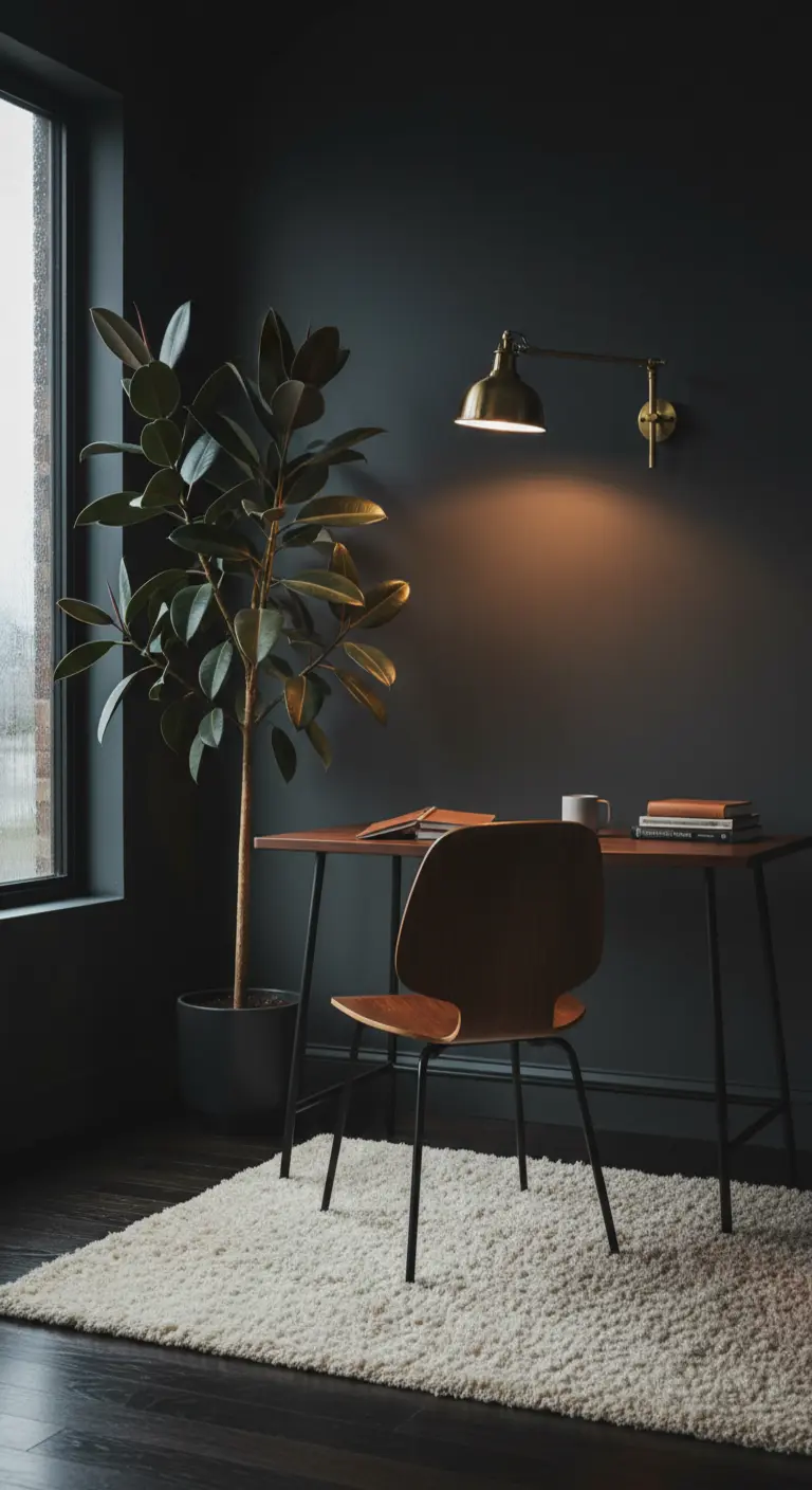 Scrivania essenziale contro una parete scura, illuminata da una lampada in ottone e un tappeto chiaro.