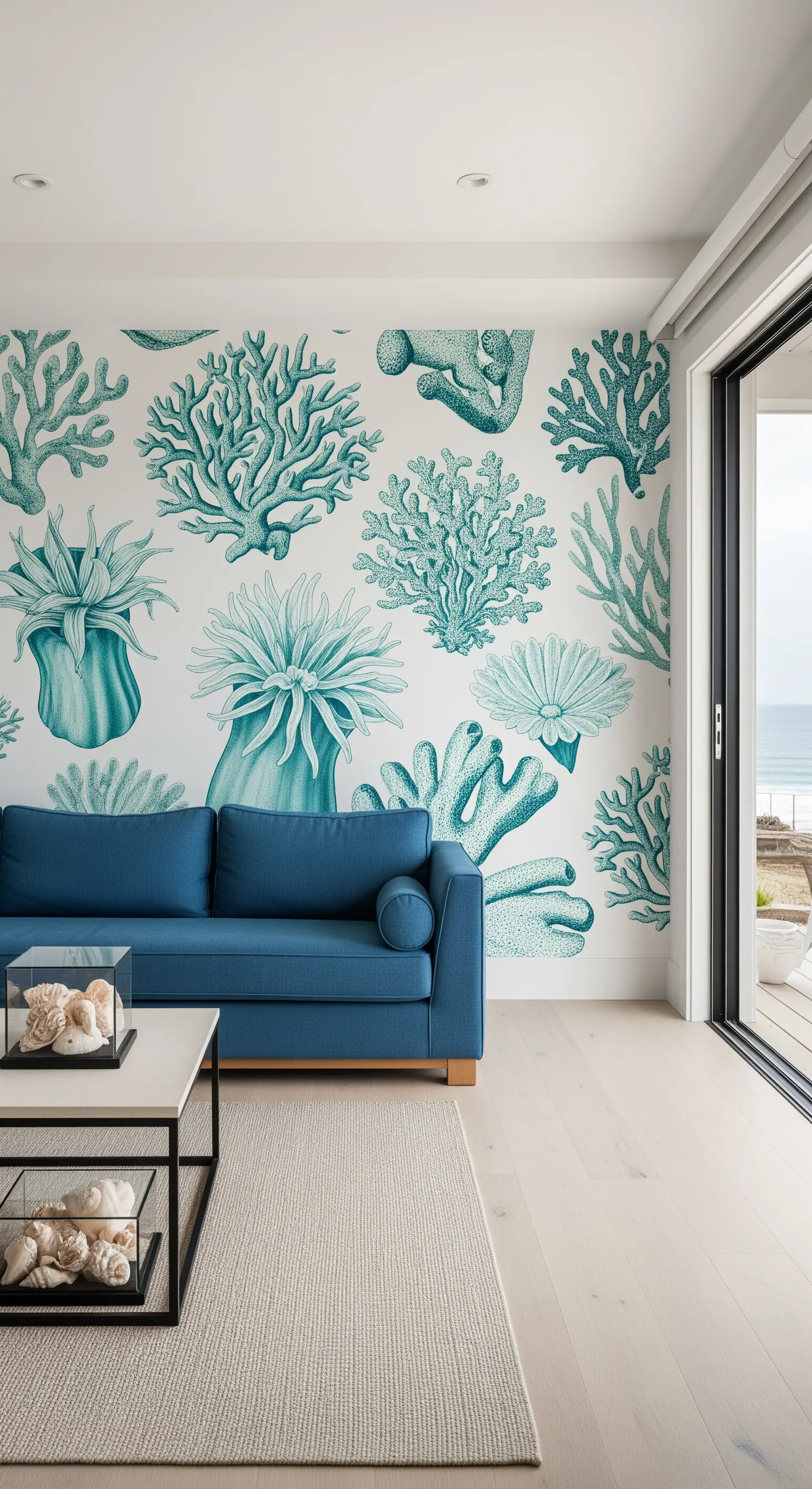Soggiorno a tema marino con carta da parati a coralli e un divano blu profondo.