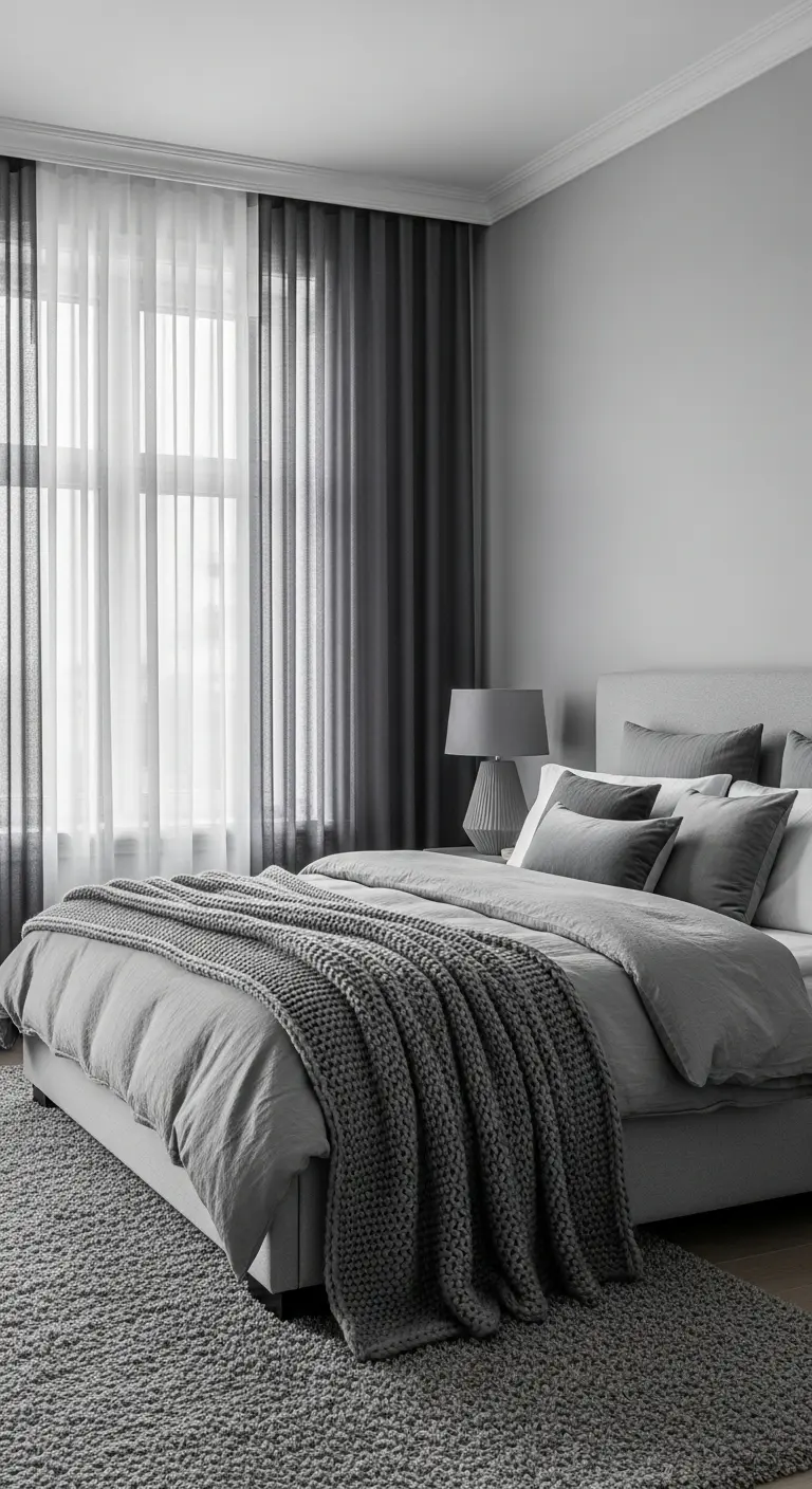Camera da letto interamente grigia con un letto e tessuti testurizzati e tende a doppio strato.