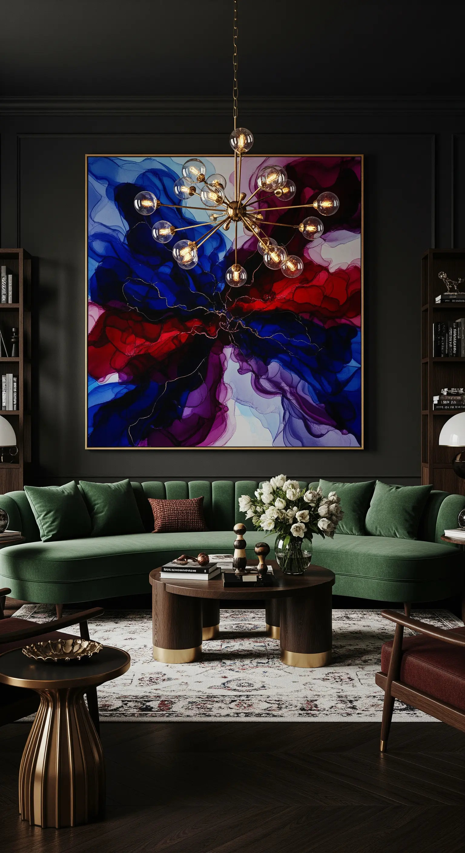 Soggiorno scuro con divano in velluto verde e un quadro astratto con colori notturni e vibranti.