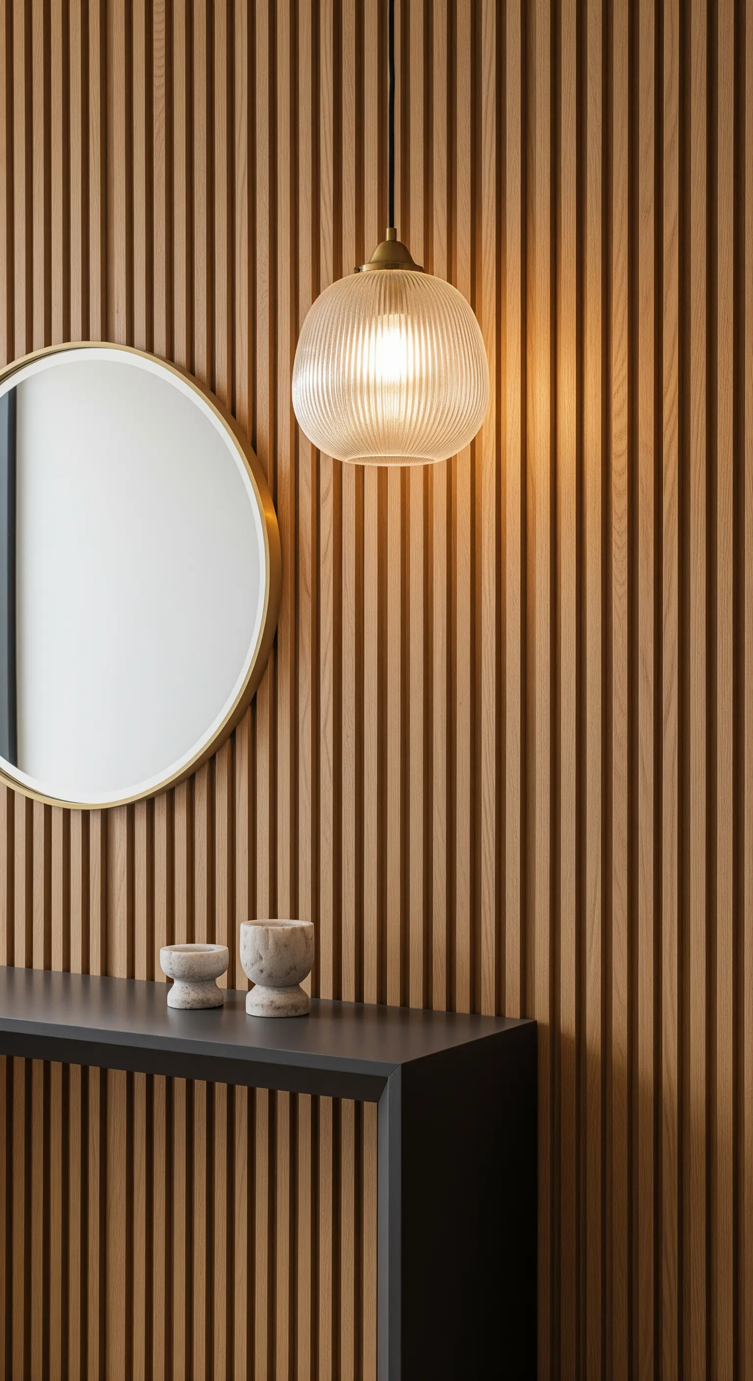 Parete con boiserie cannettata in legno, consolle scura e specchio con cornice dorata.