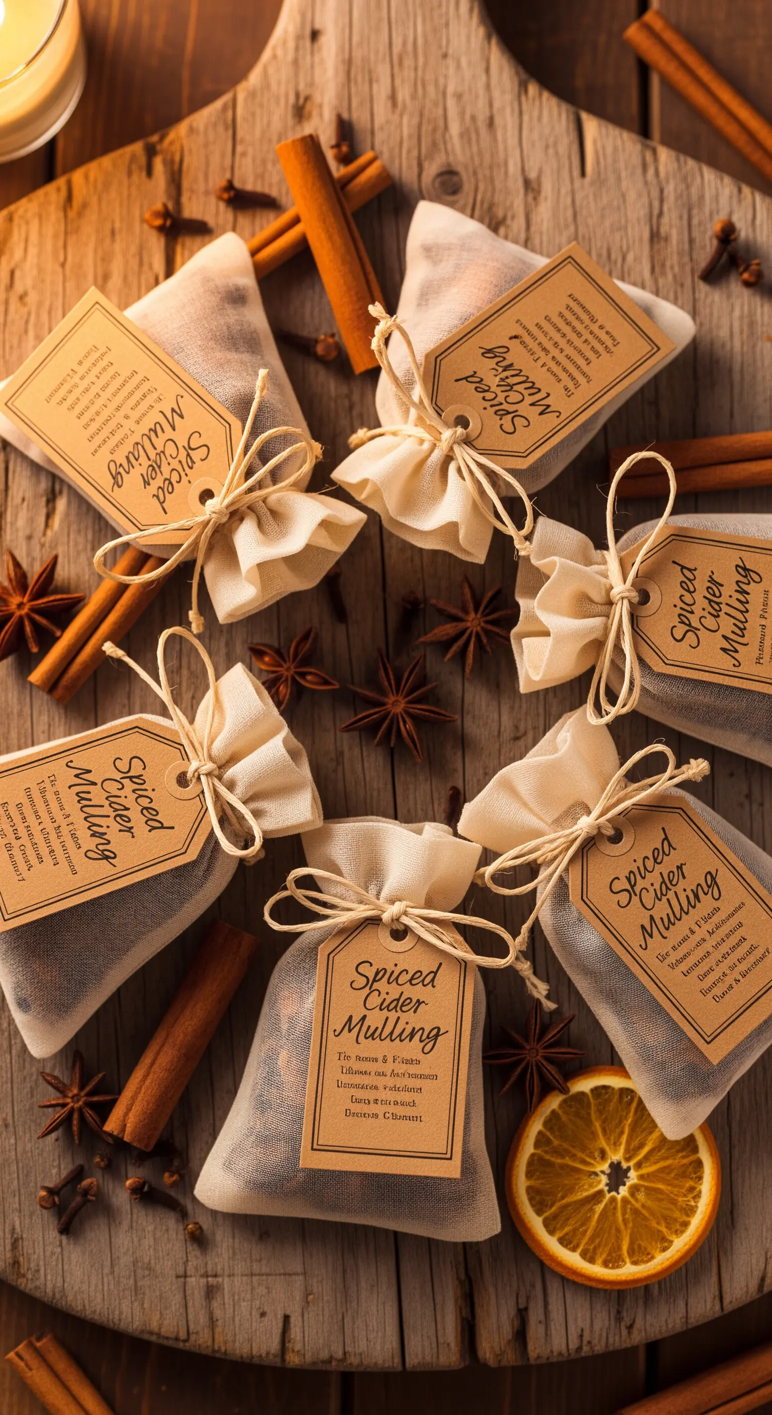 Sacchetti di spezie per sidro caldo, con etichette e bastoncini di cannella.