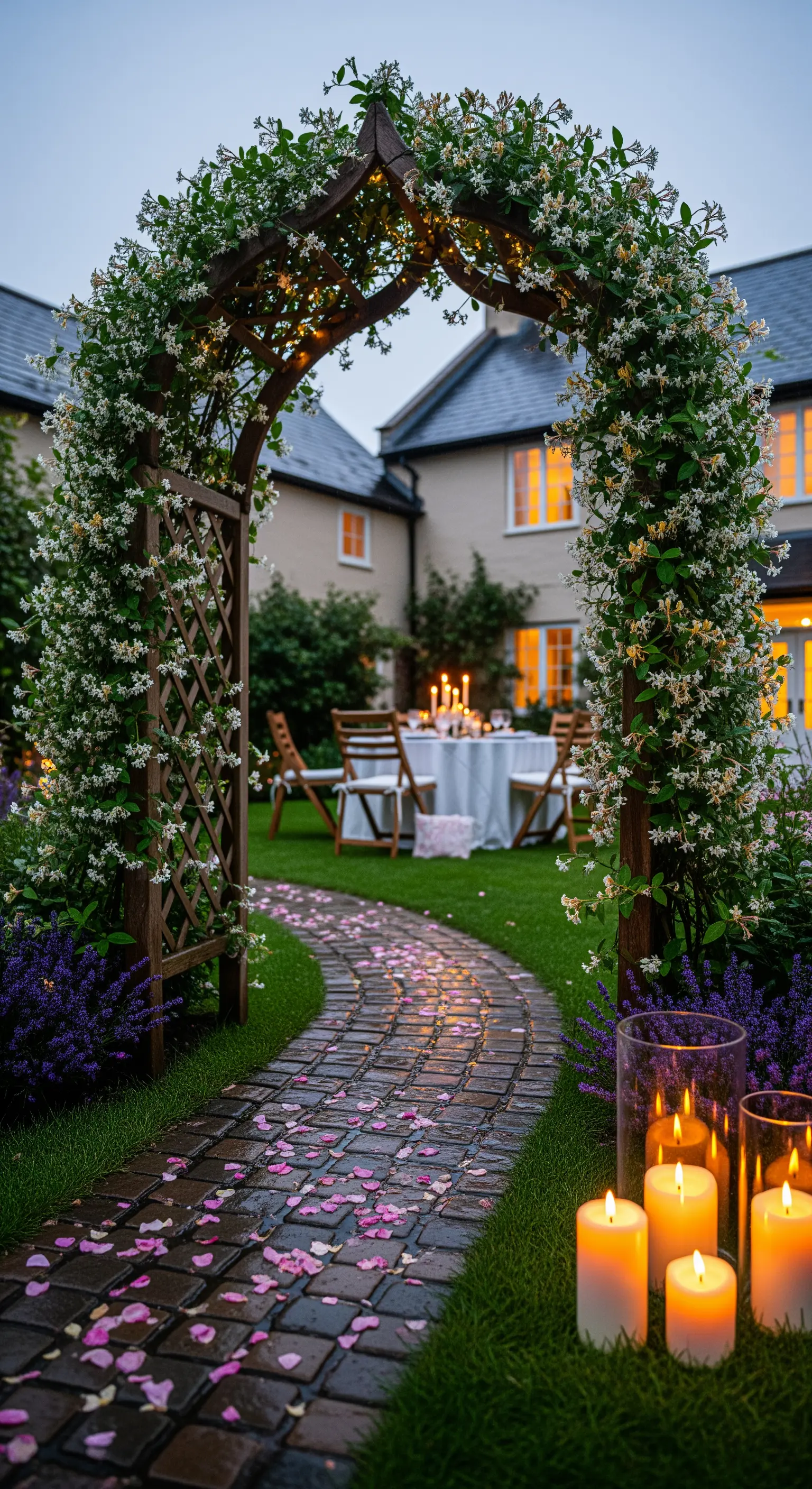 Arco in legno con gelsomino rampicante in un giardino con sentiero di petali e candele.
