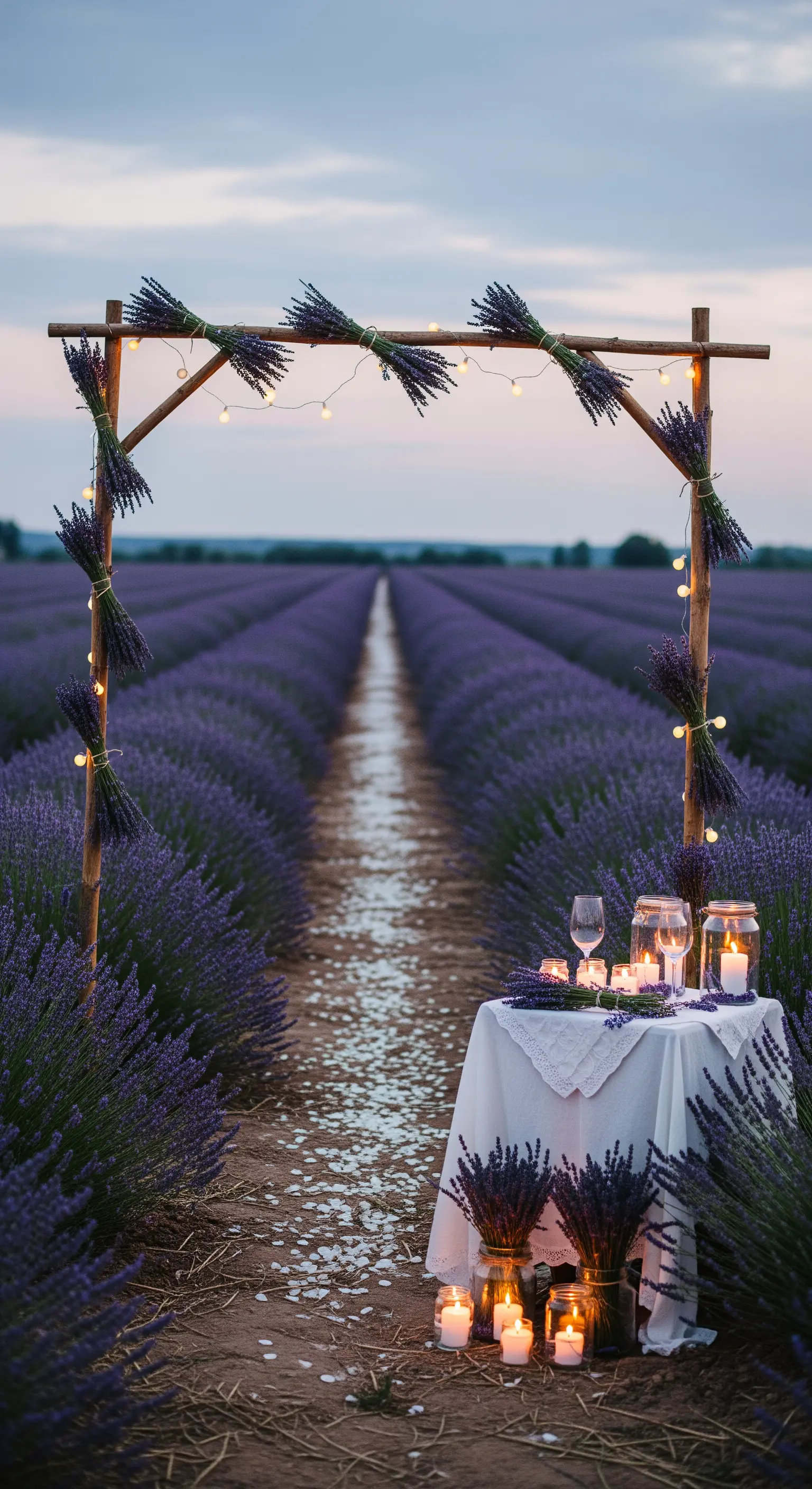 Tavolo per due in un campo di lavanda al tramonto, sotto un arco di legno e luci.