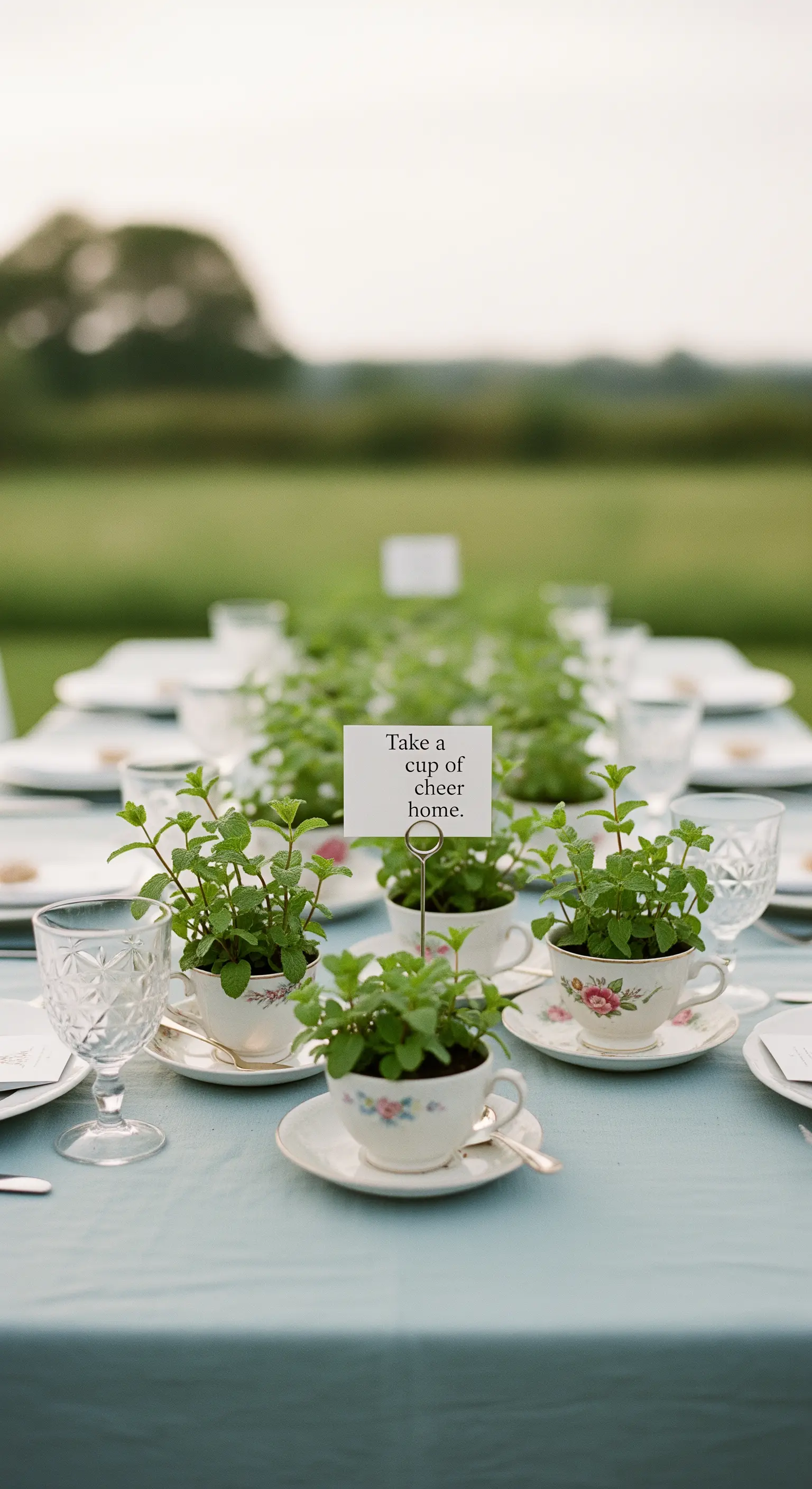 Piantine di menta in tazze da tè vintage usate come segnaposto