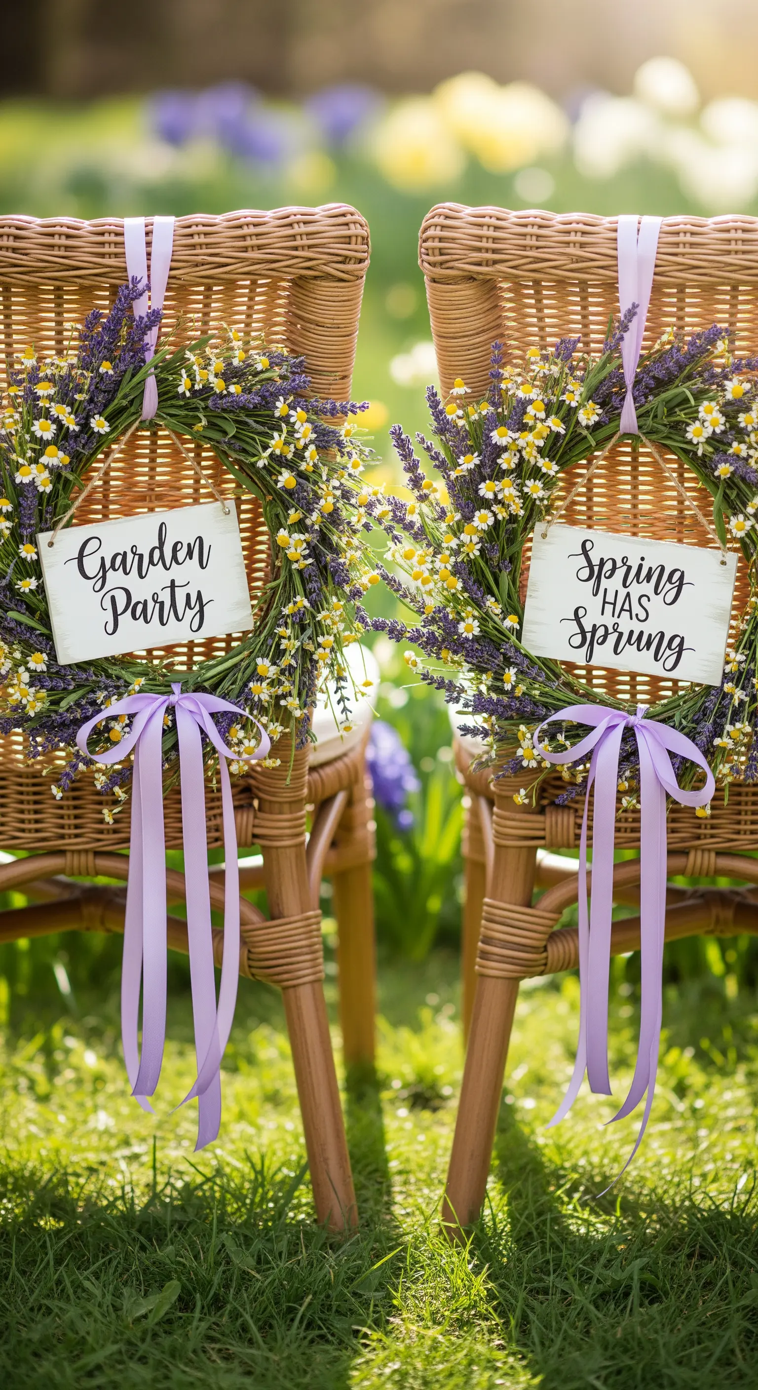 Sedie in vimini con ghirlande di lavanda e camomilla e targhette a tema 'Garden Party'.