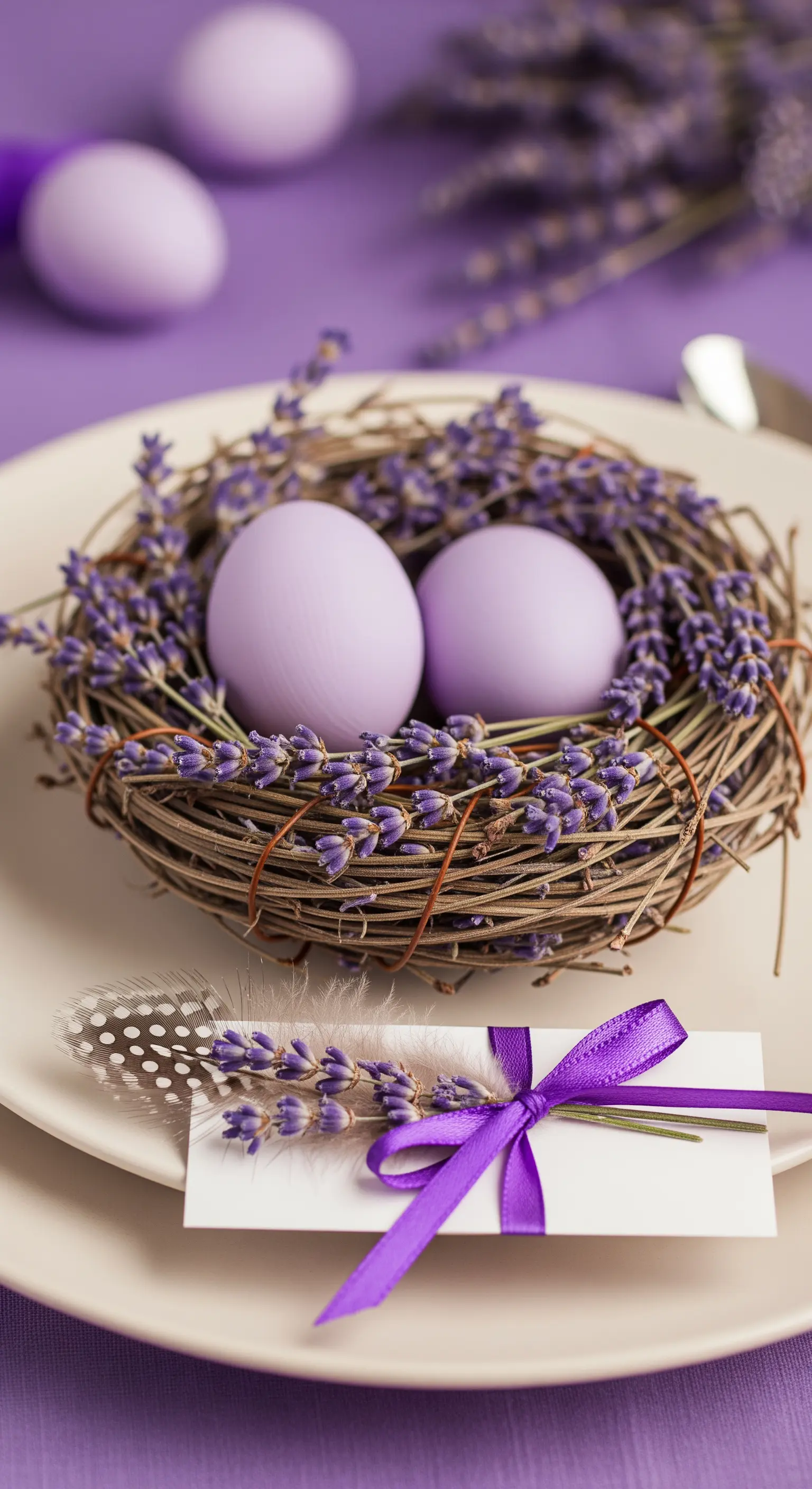 Nido intrecciato con lavanda e uova viola coordinate.