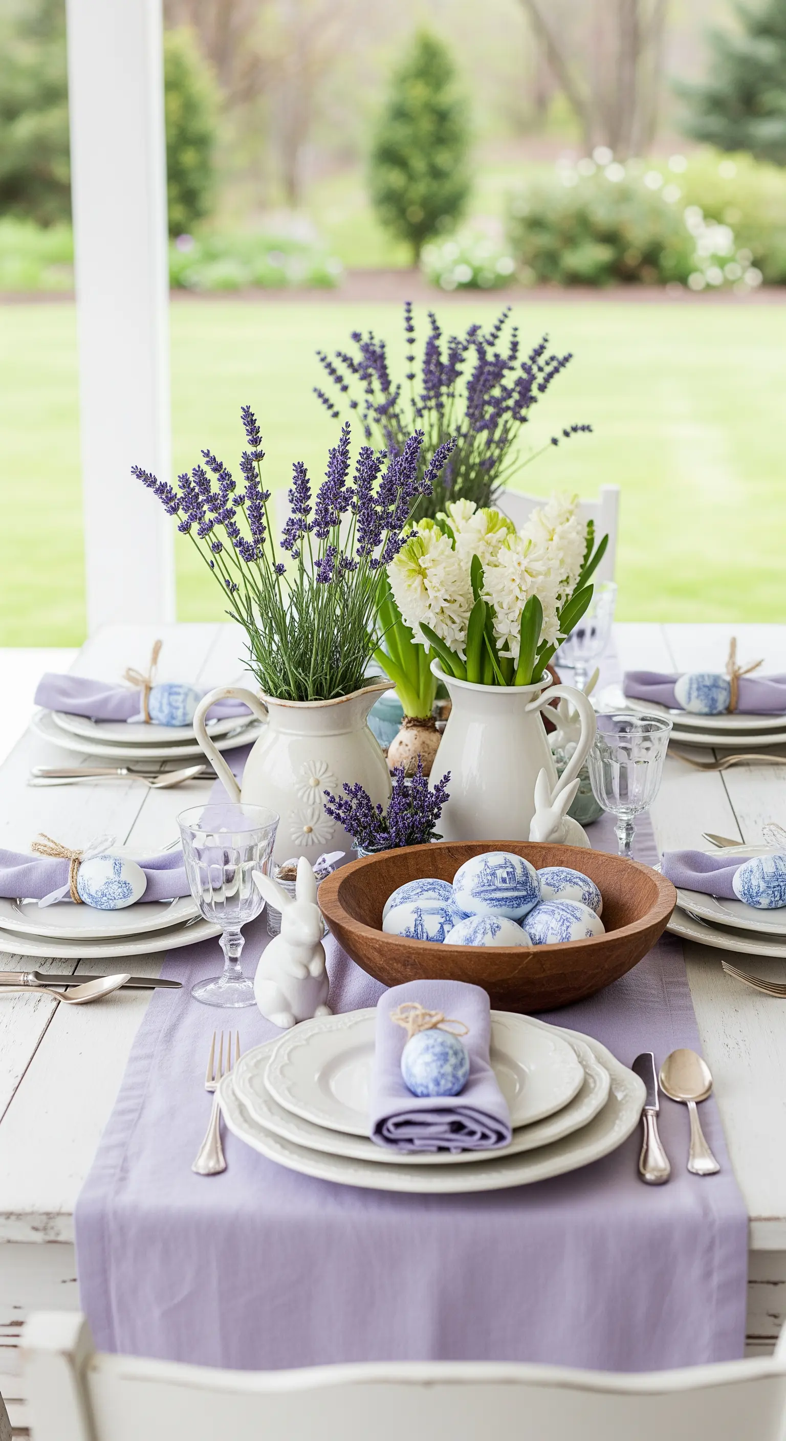 Tavola pasquale provenzale con runner lilla, lavanda fresca e uova decorate in blu