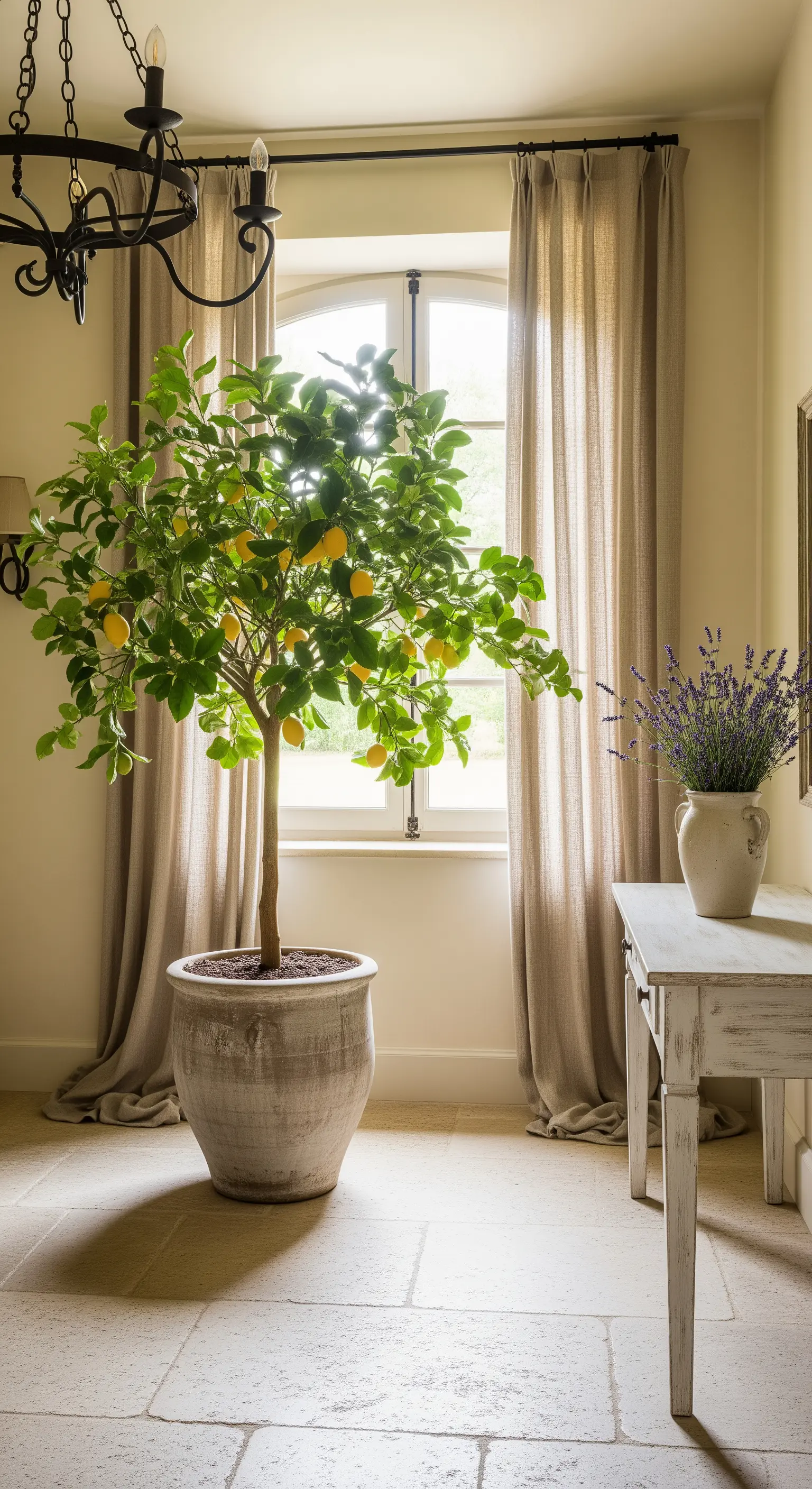 Albero di limoni in un grande vaso di terracotta accanto a una finestra in un ingresso rustico.