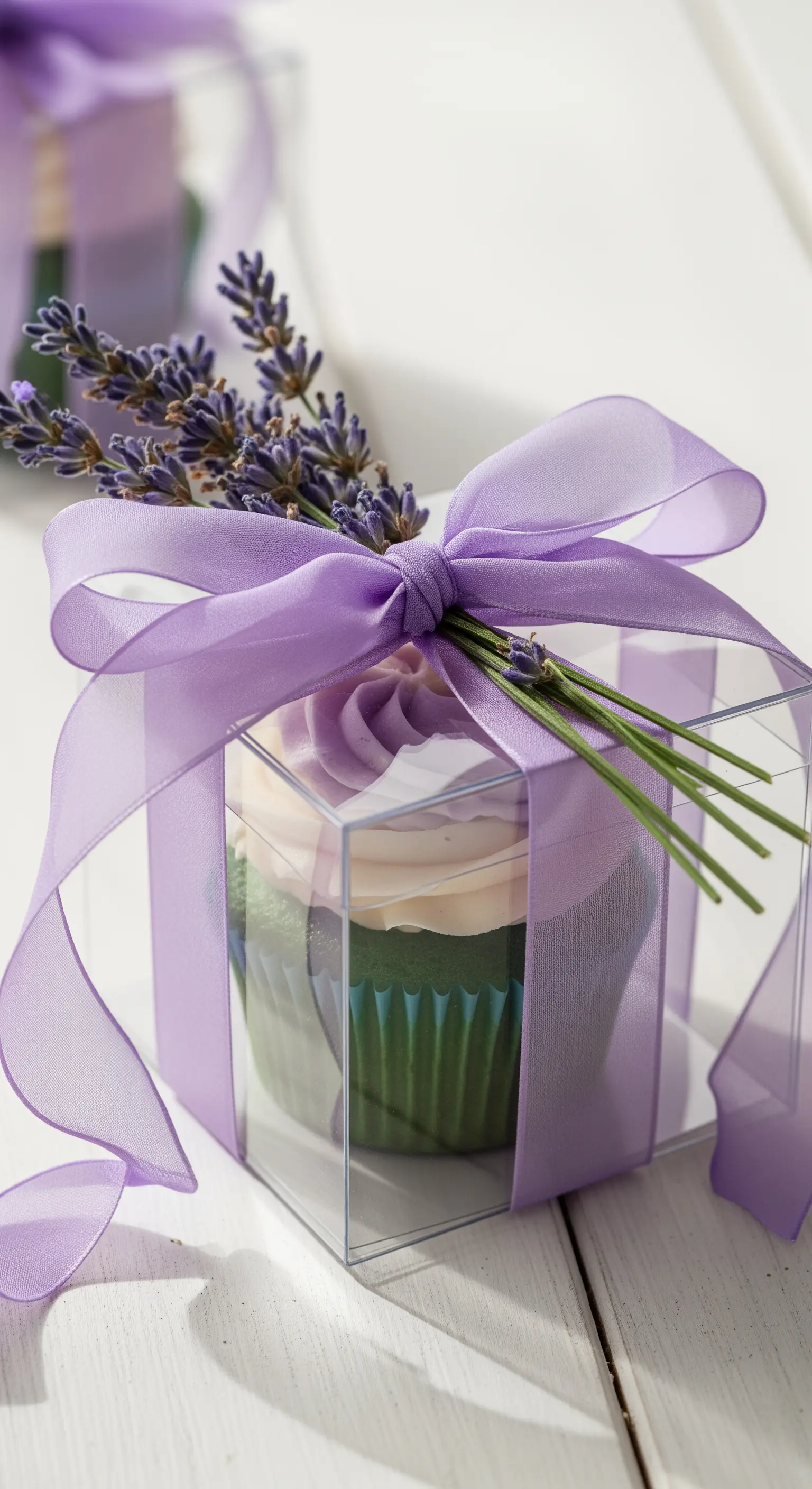 Cupcake in scatola trasparente con fiocco color lavanda e un mazzetto di lavanda fresca.
