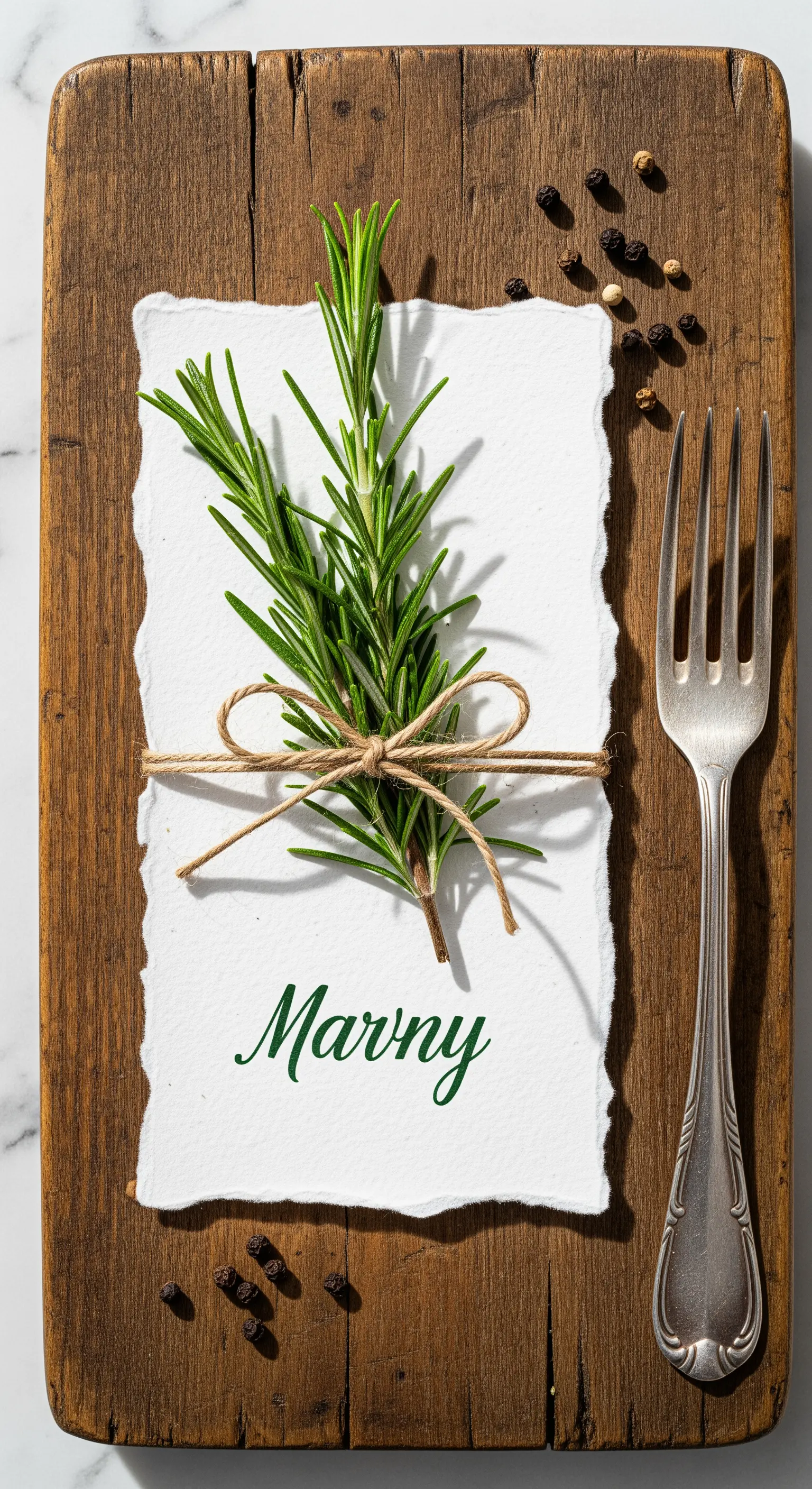 Biglietto in carta grezza con rametto di rosmarino legato con spago e nome in verde.