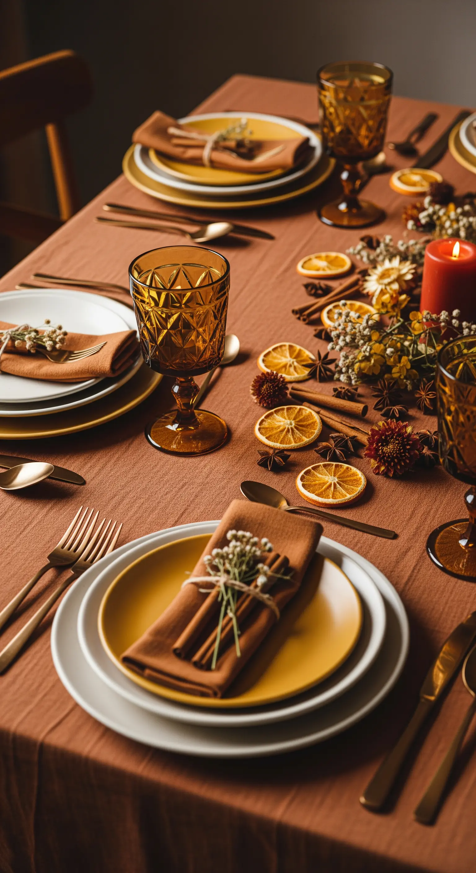 Tavola autunnale con tovaglia terracotta, fette d'arancia essiccate e cannella.