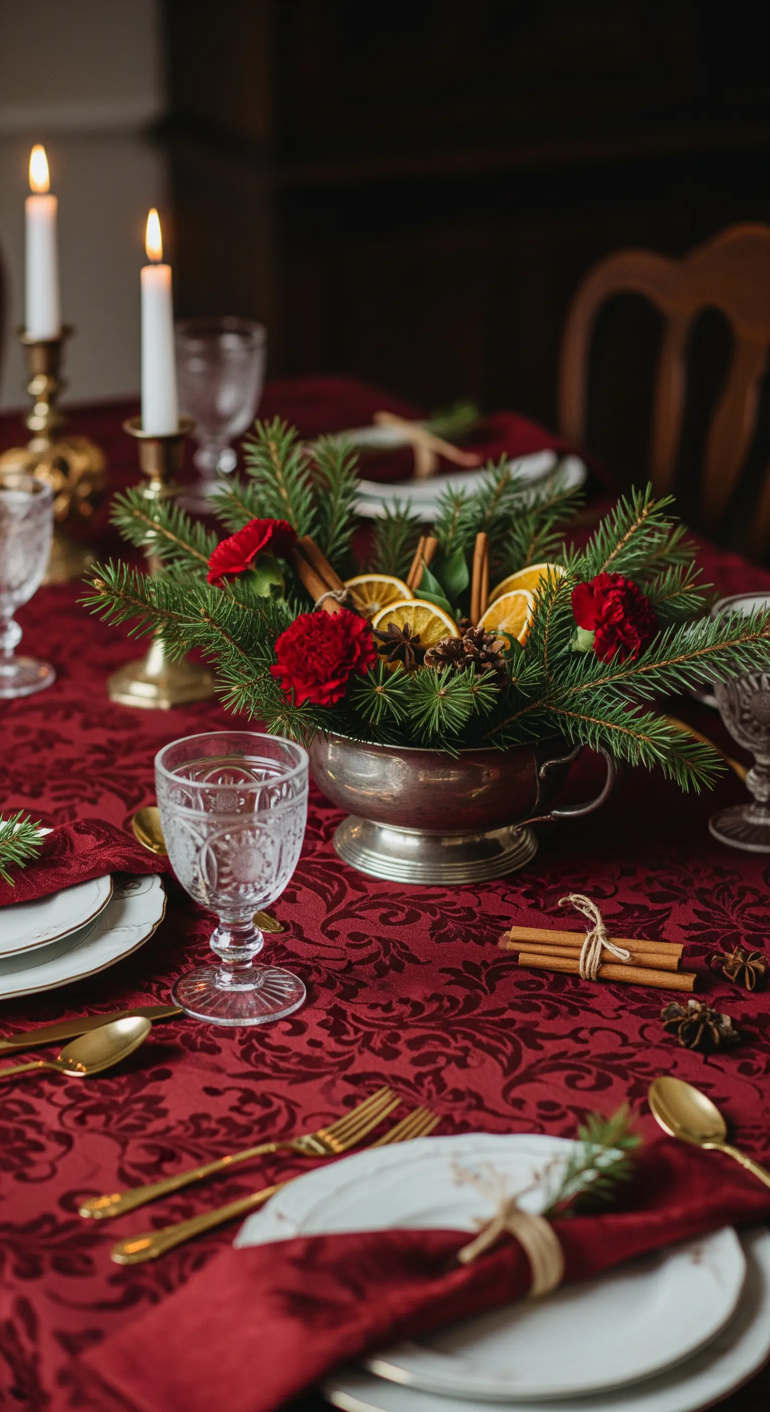 Centrotavola in coppa d'argento con pino, arance essiccate e cannella.