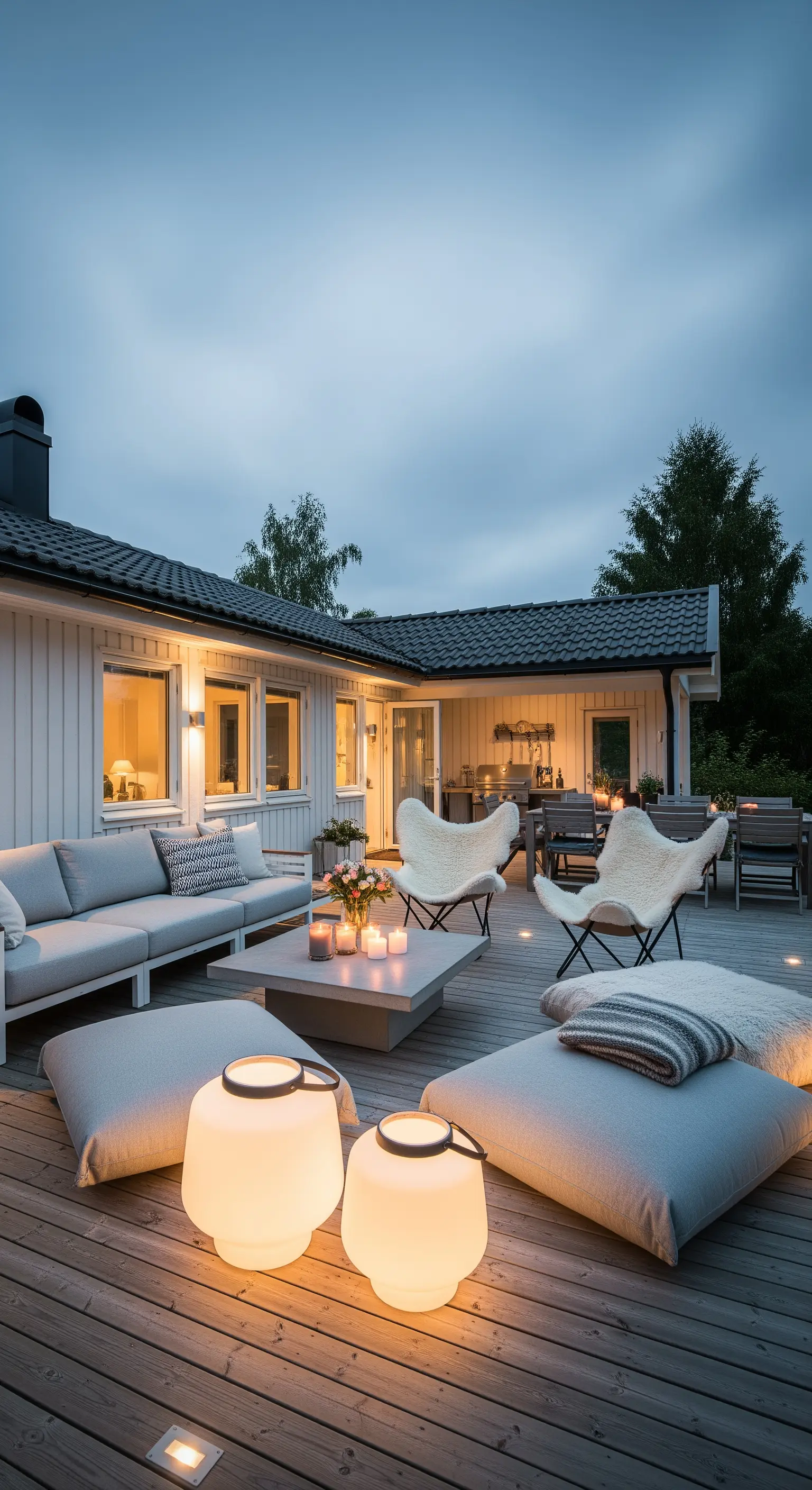 Ampia terrazza in legno con divano, cuscini da pavimento e lanterne di design moderno.